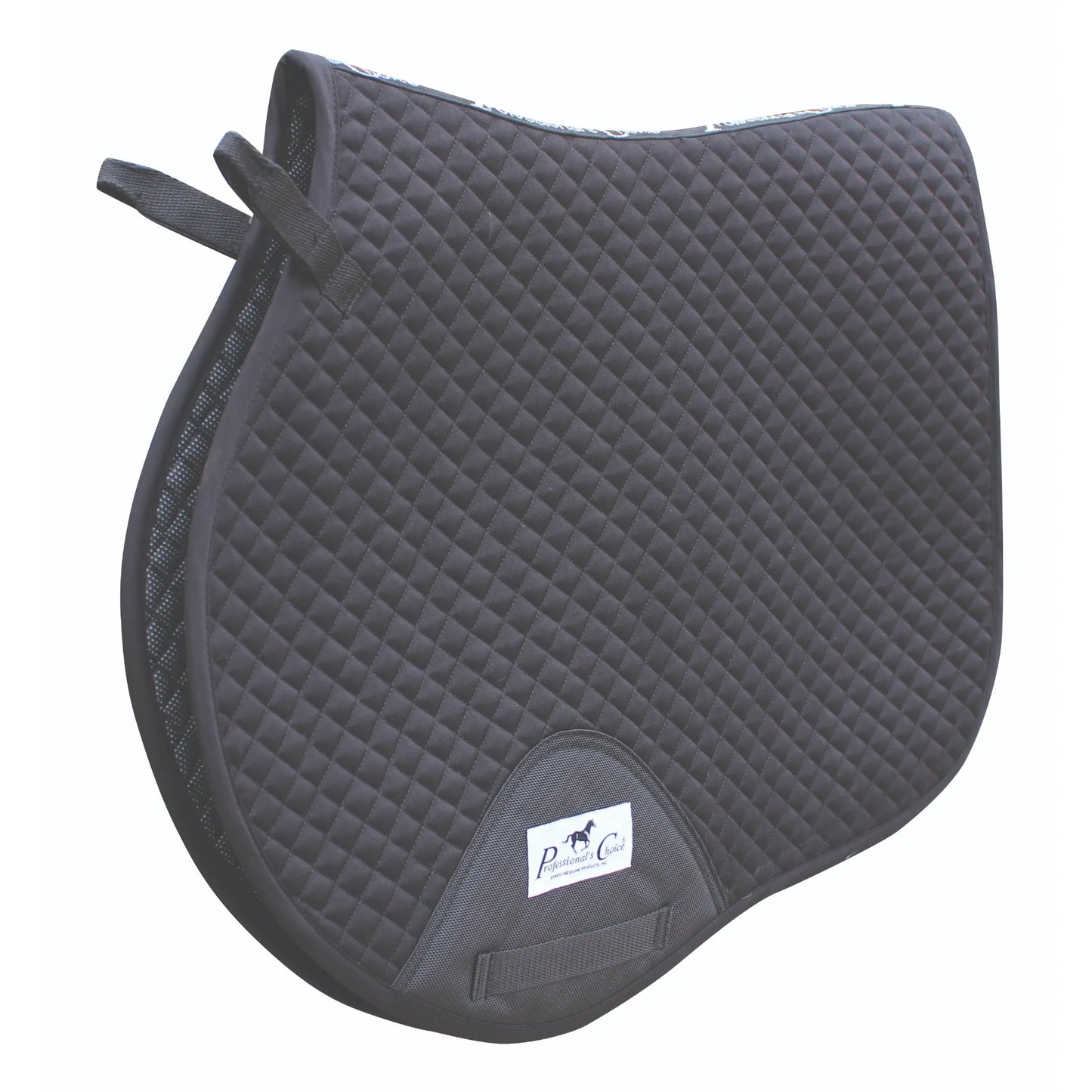 Black Professional's Choice Jump Pad with breathable VenTECH lining and a sleek diamond-quilted finish. This contoured English saddle pad features a reinforced girth patch for durability and D-ring straps for a secure fit. Designed for jumping and daily schooling, it offers moisture-wicking comfort and shock absorption, making it a must-have piece of performance horse tack.