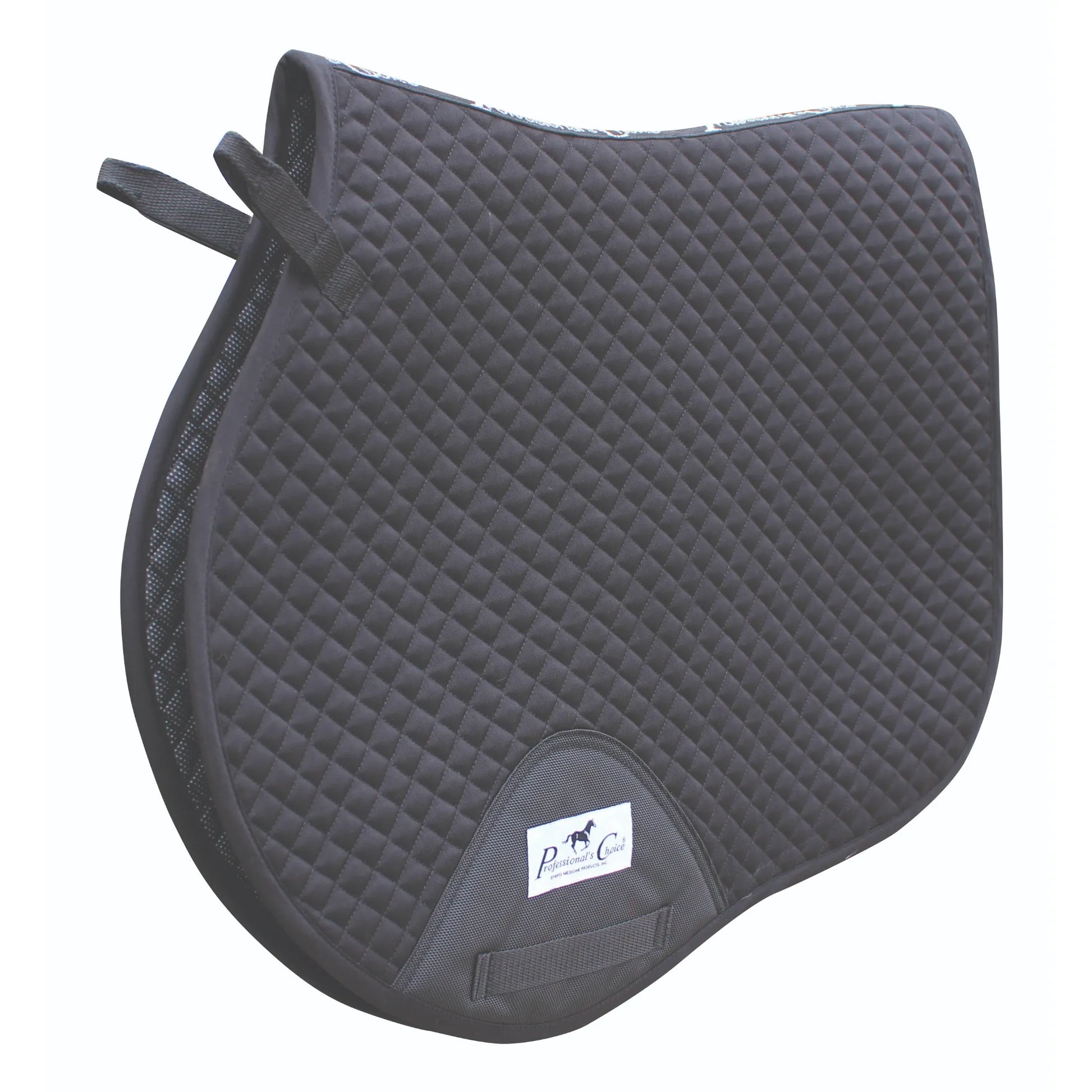 Black Professional's Choice Jump Pad with breathable VenTECH lining and a sleek diamond-quilted finish. This contoured English saddle pad features a reinforced girth patch for durability and D-ring straps for a secure fit. Designed for jumping and daily schooling, it offers moisture-wicking comfort and shock absorption, making it a must-have piece of performance horse tack.