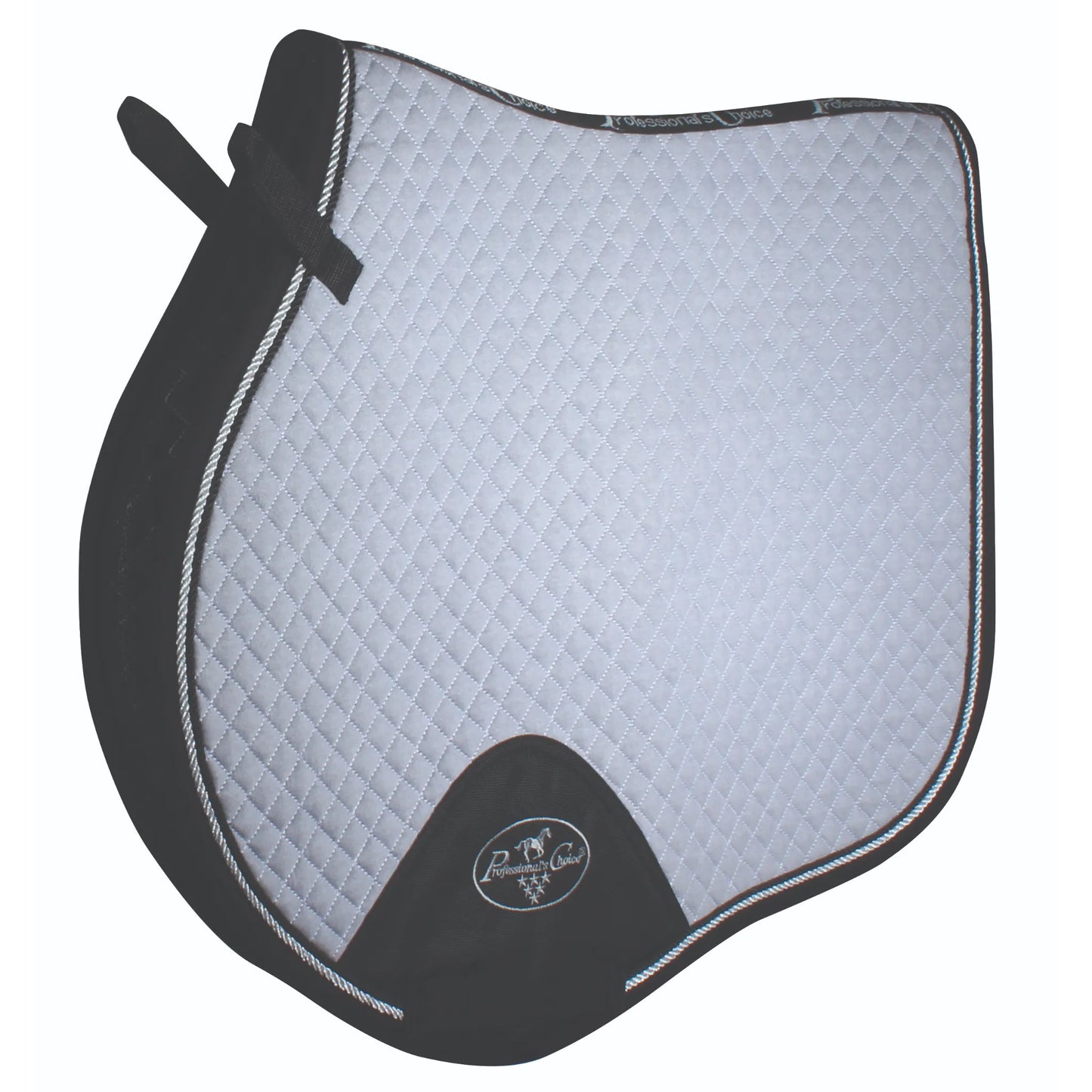 Professional's Choice Jump Pad with VenTECH Lining in gray and black. This high-performance jumping saddle pad features diamond quilting, breathable VenTECH mesh, and elegant silver-braided piping. The contoured design ensures a perfect fit under close-contact saddles, while the reinforced girth patch adds durability. Perfect for show jumping or everyday schooling, this stylish gray English saddle pad is a must-have for the modern equestrian.