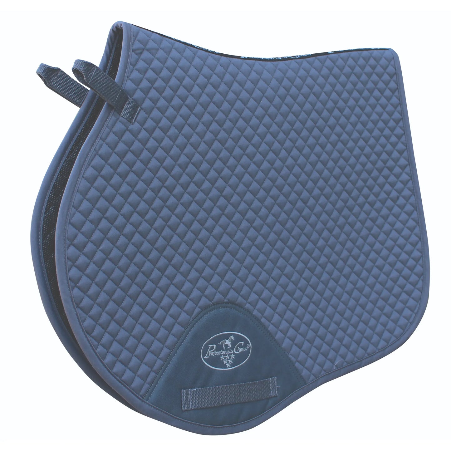 Professional's Choice Jump Pad in navy blue with breathable VenTECH lining. This high-performance English saddle pad features a classic diamond-quilted design, a contoured spine for wither clearance, and durable billet and girth straps. The moisture-wicking mesh lining ensures maximum comfort for your horse. Perfect for jumping, schooling, or competition, this stylish pad is a staple for any equestrian's tack room.