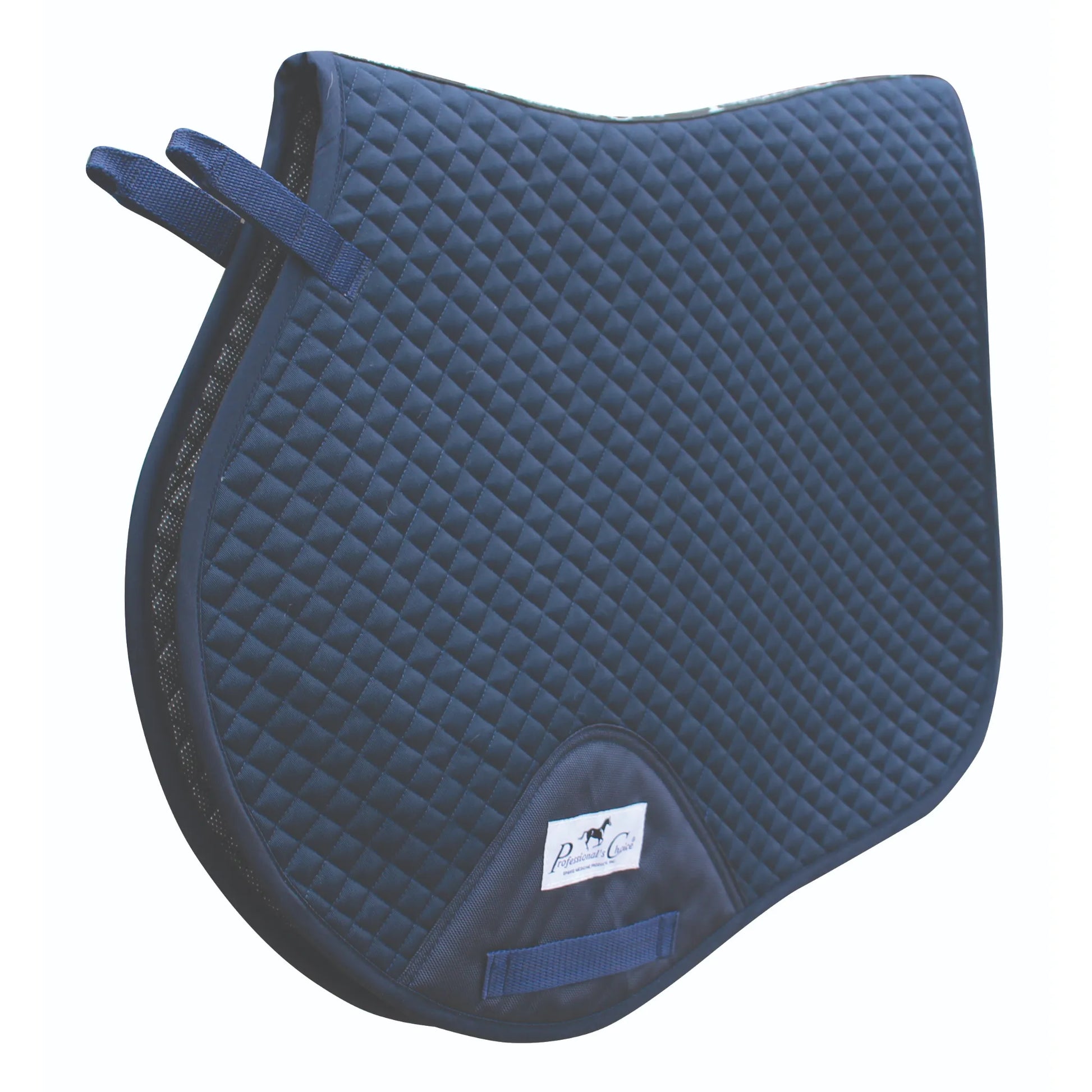 Navy blue Professional's Choice Jump Pad with VenTECH Lining, featuring a classic diamond-quilted design and breathable mesh spine. This high-performance English saddle pad includes secure billet straps and a reinforced girth area for stability. Its moisture-wicking VenTECH lining provides superior airflow and comfort for your horse, making it a must-have for jumping, eventing, or daily schooling. Professional's Choice logo patch visible on the lower corner.