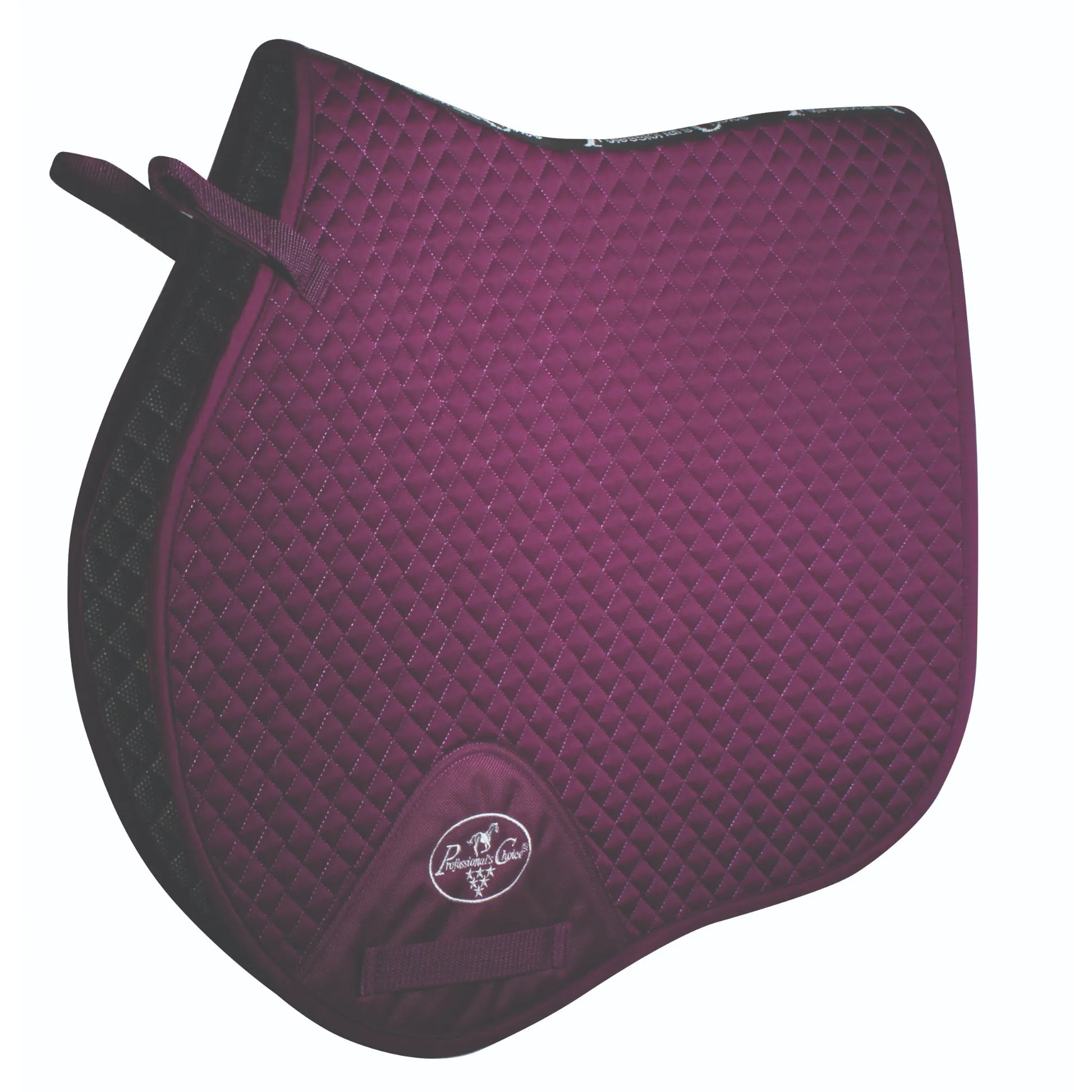 Professional's Choice Jump Pad in plum featuring a classic diamond quilted pattern and breathable VenTECH mesh lining. This contoured English saddle pad is designed for jumping with a high-wither profile, secure girth straps, and an embroidered brand logo patch. A stylish, performance-driven choice for equestrian schooling or show jumping in a rich, deep berry color.