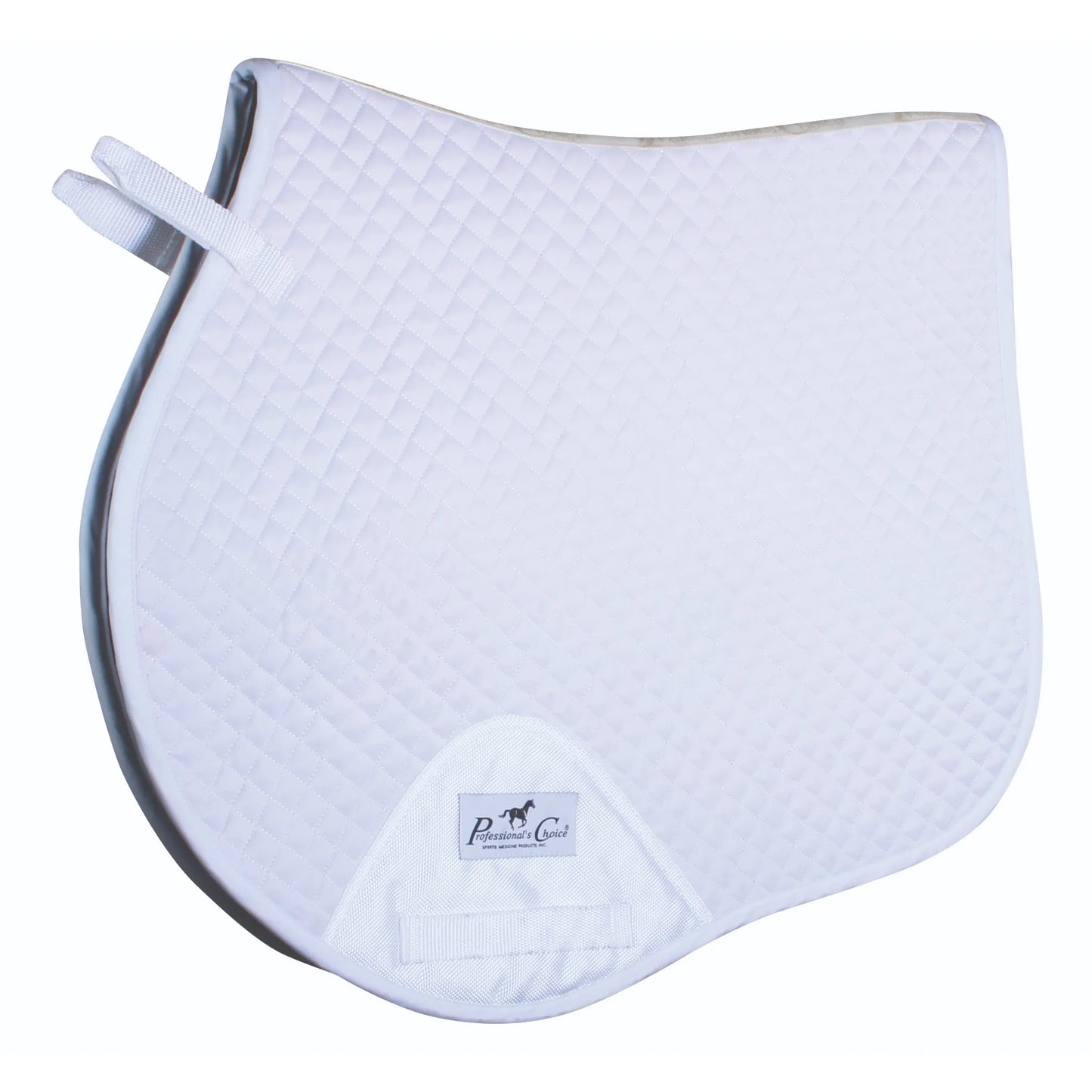 Professional's Choice Jump Pad with VenTECH Lining in white. This diamond-quilted equestrian saddle pad features a contoured high-wither profile and moisture-wicking lining for horse comfort. Includes secure Velcro billet straps and a reinforced girth patch with the Professional's Choice logo. A sleek, professional choice for show jumping, hunter jumpers, and daily schooling.