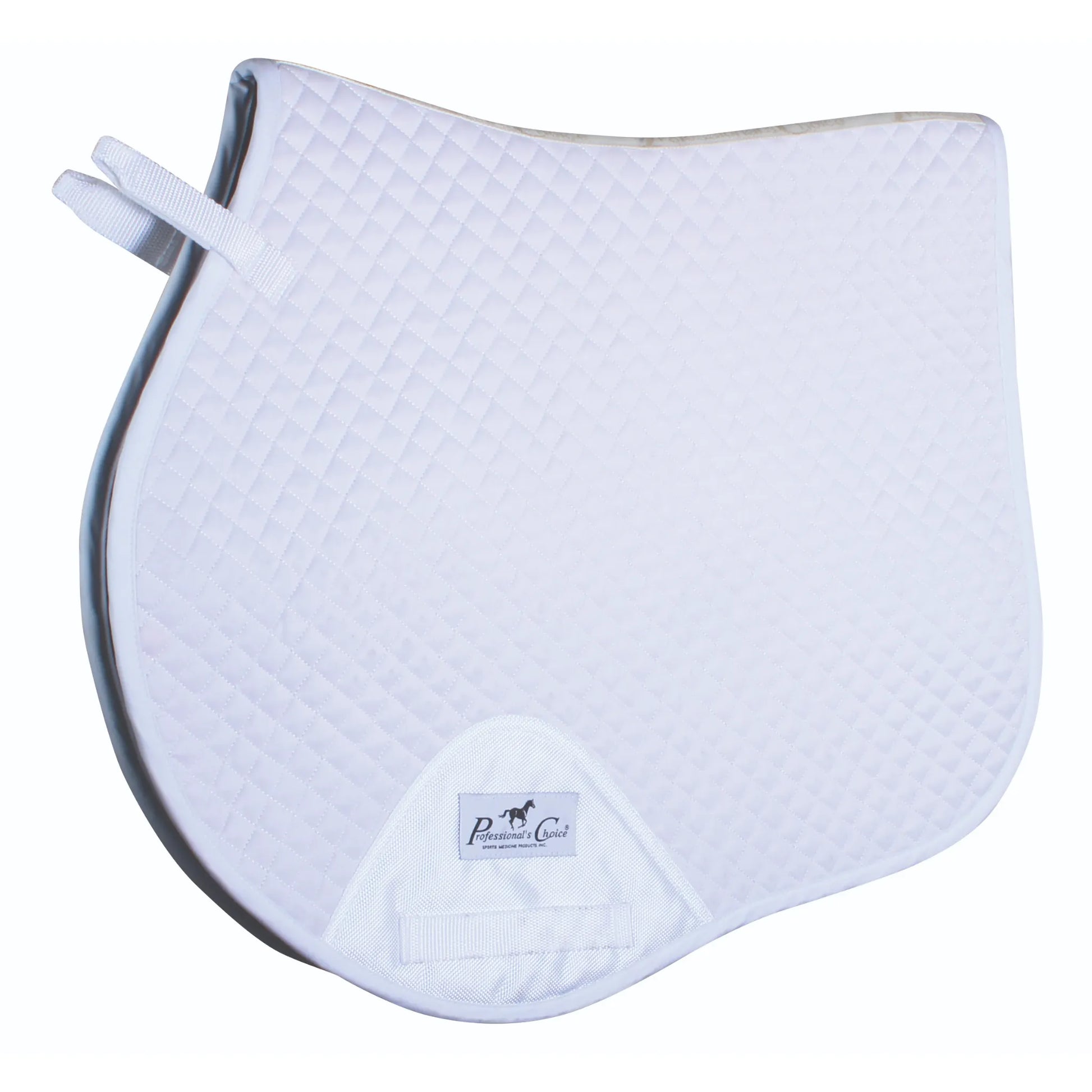 Professional's Choice Jump Pad with VenTECH Lining in white. This diamond-quilted equestrian saddle pad features a contoured high-wither profile and moisture-wicking lining for horse comfort. Includes secure Velcro billet straps and a reinforced girth patch with the Professional's Choice logo. A sleek, professional choice for show jumping, hunter jumpers, and daily schooling.