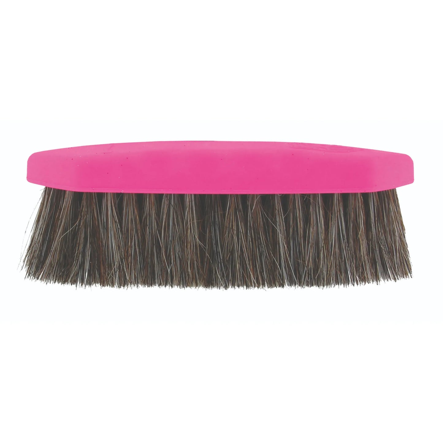 Professional's Choice Large Horse Hair Brush featuring a vibrant pink ergonomic handle and dense, natural horsehair bristles. This high-quality equestrian grooming tool is designed for finishing a horse's coat, effectively removing fine dust to create a high-gloss shine. Perfect for daily horse care and show preparation, this soft-bristle brush is a must-have addition to any grooming kit.