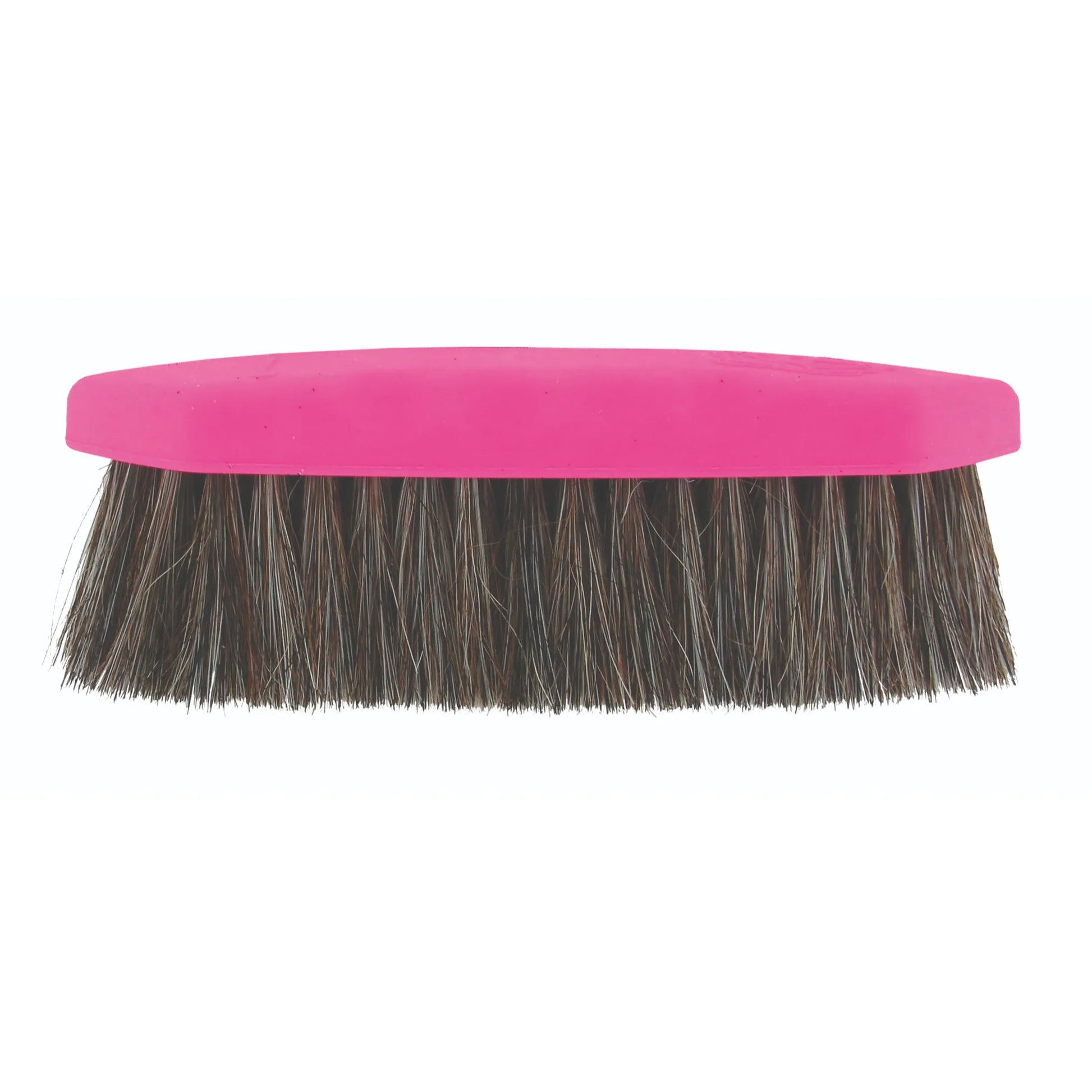 Professional's Choice Large Horse Hair Brush featuring a vibrant pink ergonomic handle and dense, natural horsehair bristles. This high-quality equestrian grooming tool is designed for finishing a horse's coat, effectively removing fine dust to create a high-gloss shine. Perfect for daily horse care and show preparation, this soft-bristle brush is a must-have addition to any grooming kit.