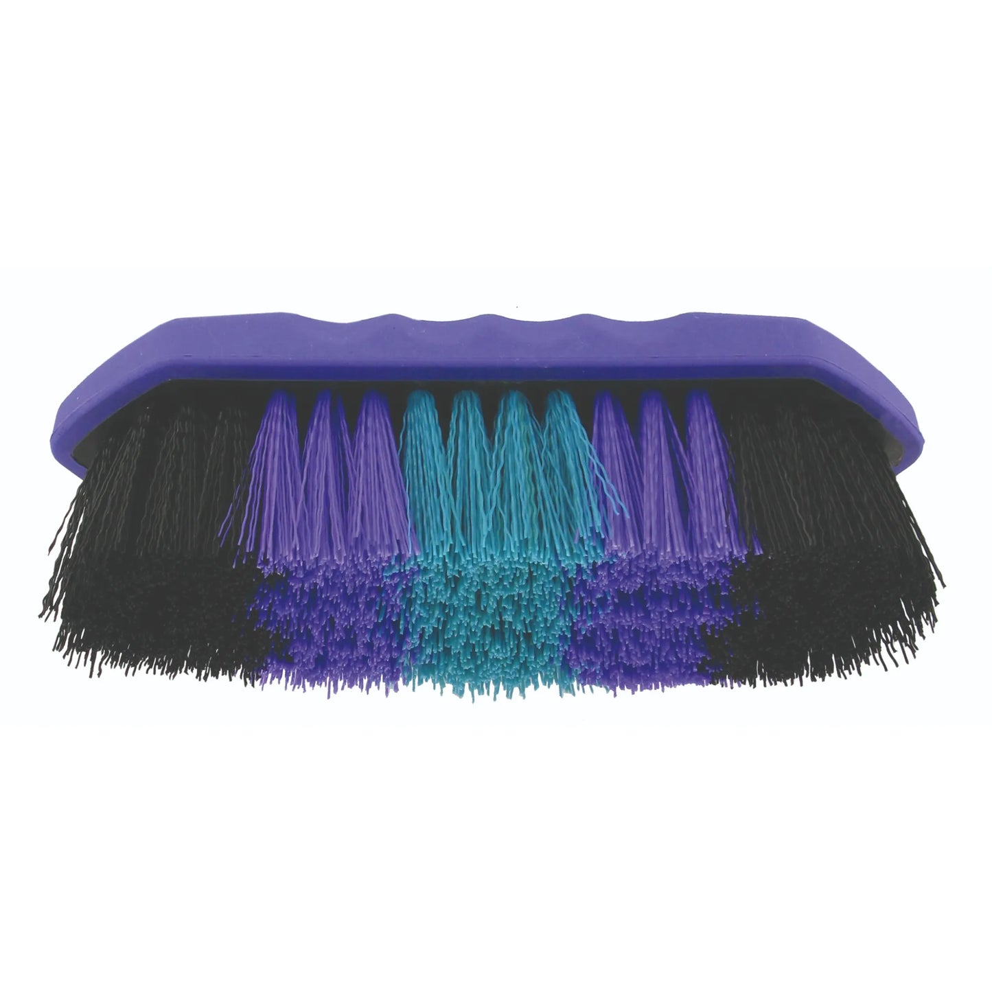Professional's Choice Large Synthetic Horse Brush featuring vibrant purple, black, and turquoise "crazy bristles." Designed with an ergonomic purple soft-touch handle for a comfortable grip during horse grooming. This high-quality synthetic body brush effectively removes dirt and dust while adding a pop of color to your equestrian grooming kit. A durable and stylish must-have tool for any horse owner's tack room.