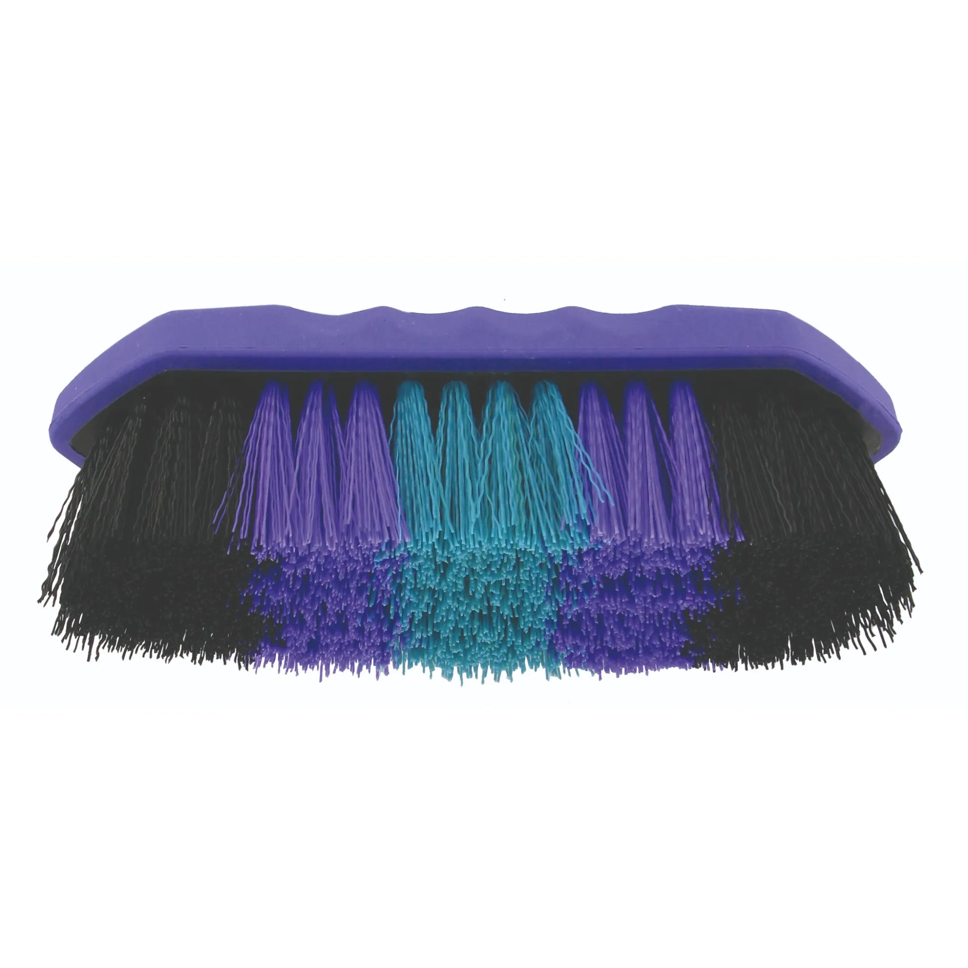 Professional's Choice Large Synthetic Horse Brush featuring vibrant purple, black, and turquoise "crazy bristles." Designed with an ergonomic purple soft-touch handle for a comfortable grip during horse grooming. This high-quality synthetic body brush effectively removes dirt and dust while adding a pop of color to your equestrian grooming kit. A durable and stylish must-have tool for any horse owner's tack room.