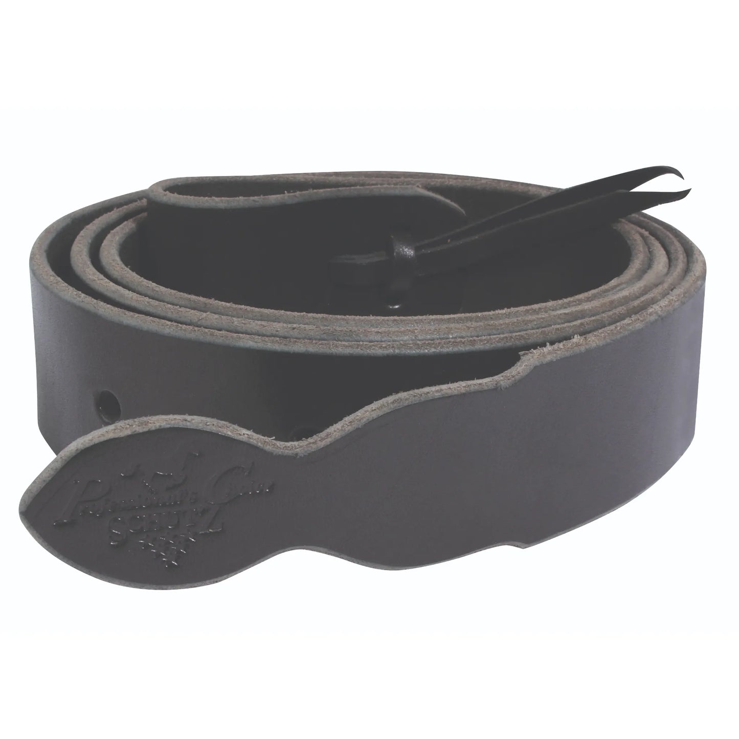 Professional's Choice black latigo strap with beveled edges, crafted from premium latigo leather for western saddle rigging. This 1 3/4" x 6' leather tie is coiled and features a stamped Schutz logo. High-quality equestrian horse tack designed for durability and a secure fit, perfect for western riders looking for reliable performance and a sleek, professional finish.