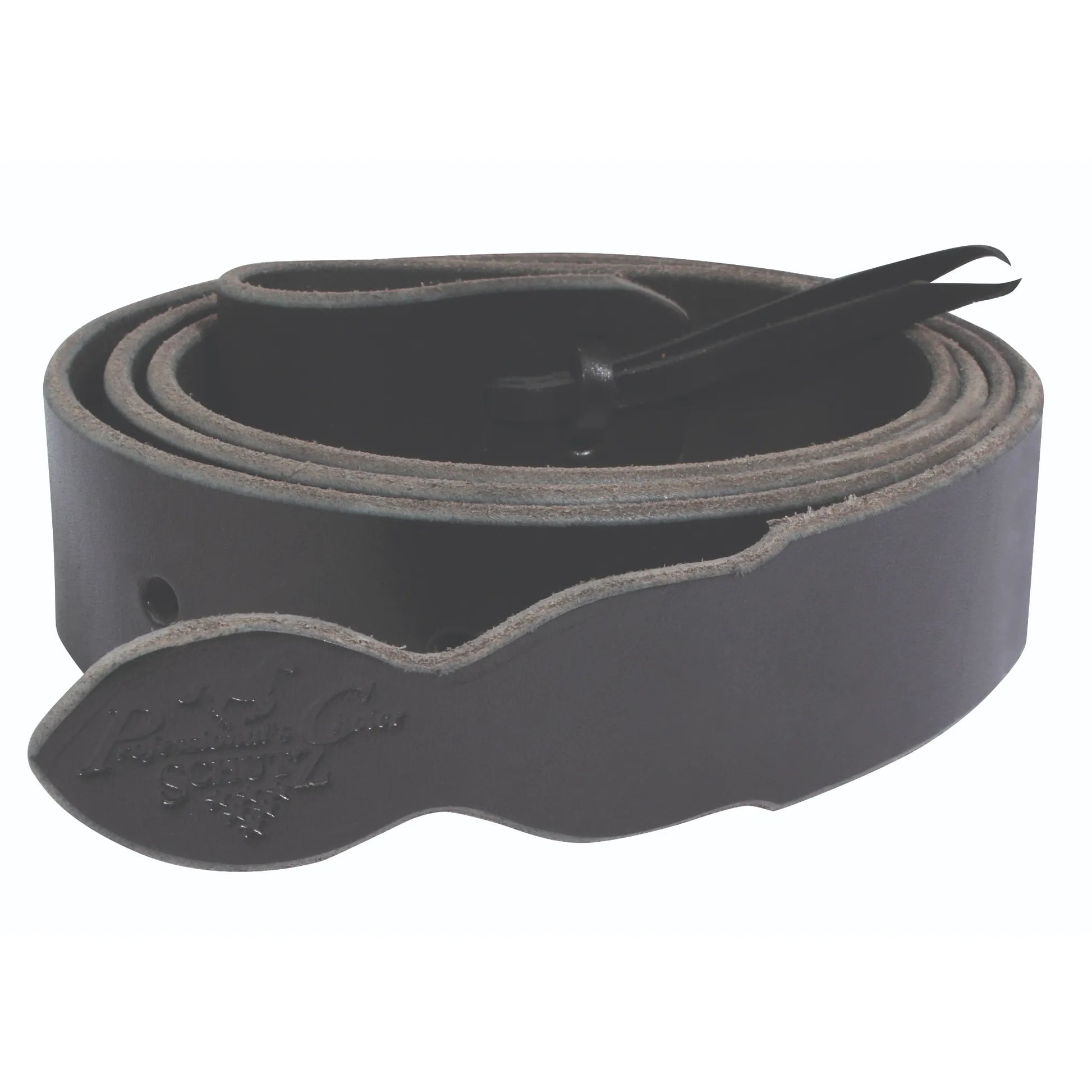 Professional's Choice black latigo strap with beveled edges, crafted from premium latigo leather for western saddle rigging. This 1 3/4" x 6' leather tie is coiled and features a stamped Schutz logo. High-quality equestrian horse tack designed for durability and a secure fit, perfect for western riders looking for reliable performance and a sleek, professional finish.