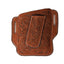Professional's Choice brown hand-tooled leather cell phone and knife holder featuring an intricate Western floral pattern and white contrast stitching. This pancake-style holster includes side belt loops and a secure central attachment for everyday carry. Perfect for equestrian gear or a rustic everyday accessory, this durable leather holder combines classic cowboy style with modern functionality.
