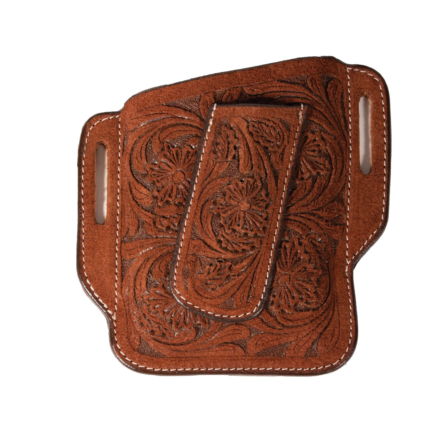 Professional's Choice brown hand-tooled leather cell phone and knife holder featuring an intricate Western floral pattern and white contrast stitching. This pancake-style holster includes side belt loops and a secure central attachment for everyday carry. Perfect for equestrian gear or a rustic everyday accessory, this durable leather holder combines classic cowboy style with modern functionality.