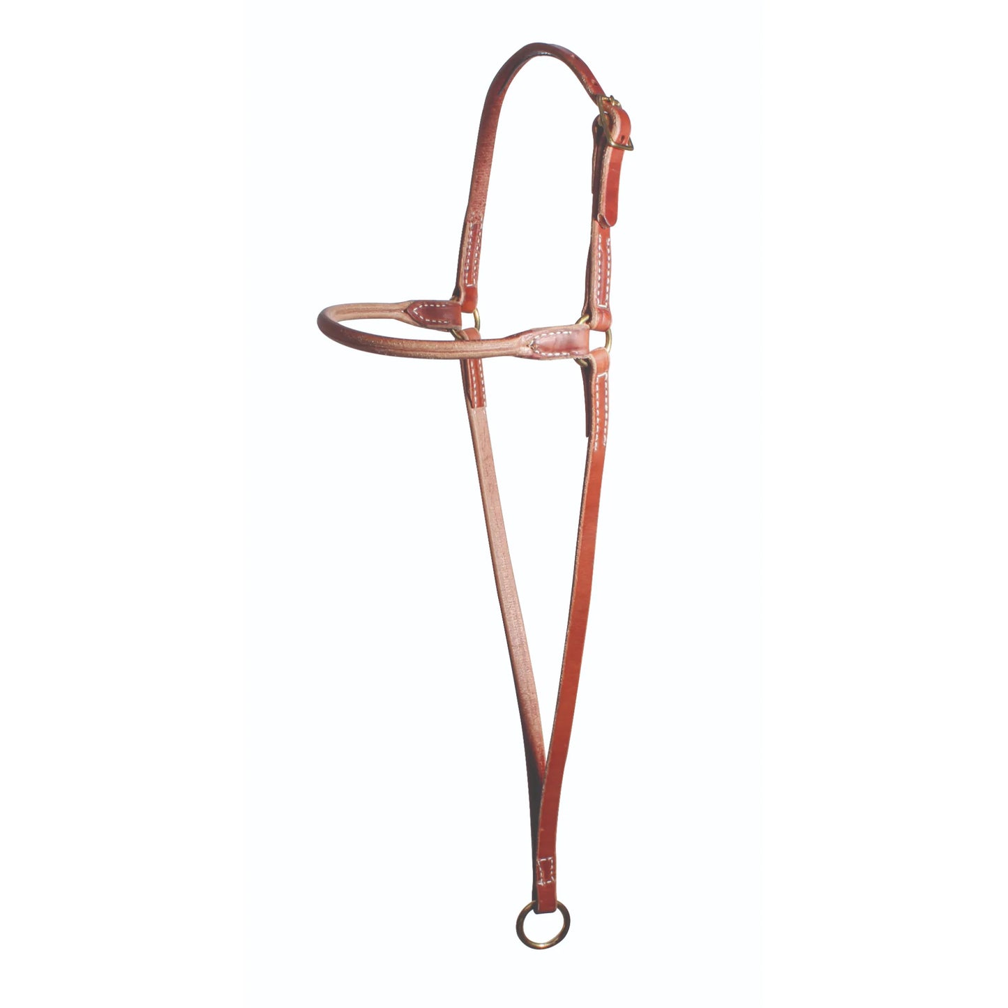 Professional's Choice Leather War Bonnet (8018HL) in rich brown. This high-quality western horse training gear features durable leather with white contrast stitching and brass hardware. It includes an adjustable headstall, a rounded noseband, and a long tie-down strap with a solid brass ring at the bottom. An essential piece of professional horse tack for improved control and training, perfect for western performance horses.
