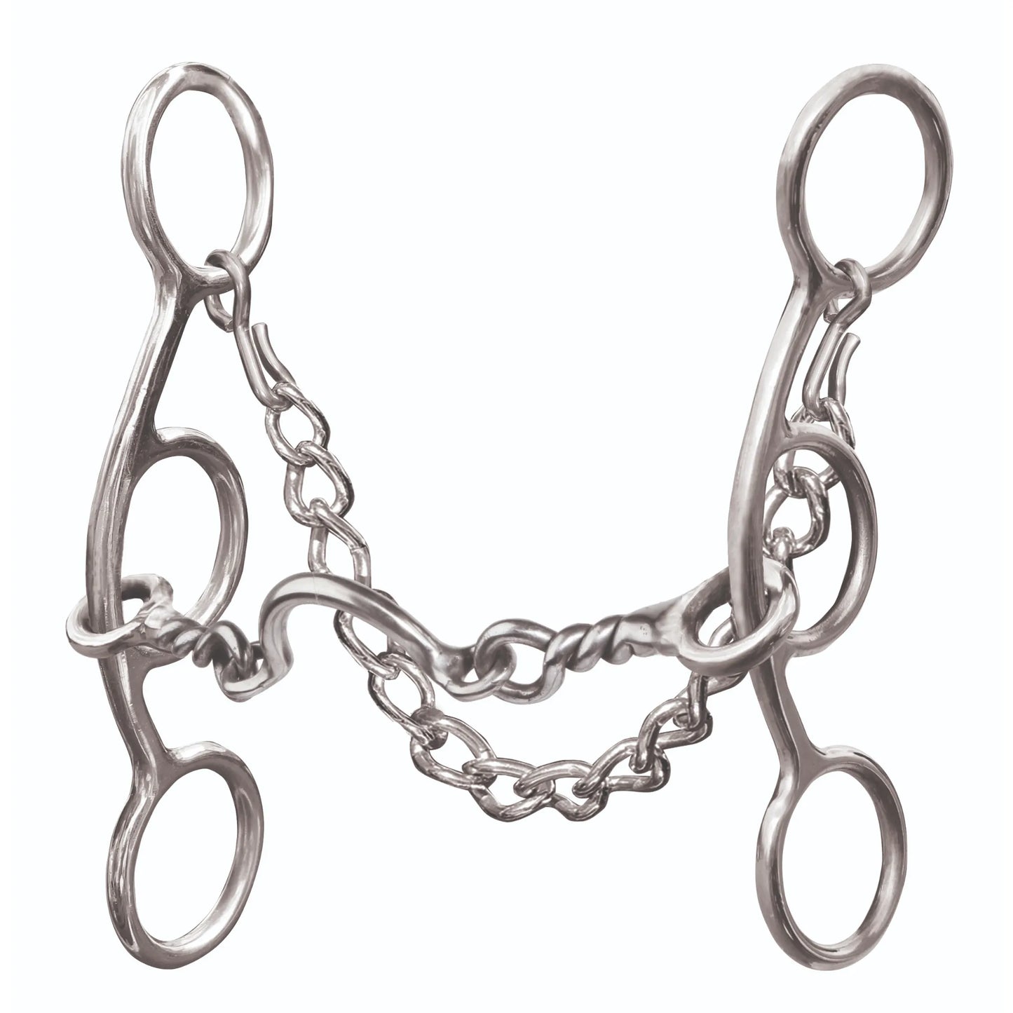 Professional's Choice Medium Port Futurity Bit in high-quality stainless steel, designed for advanced horse training and western riding. This bit features a three-piece twisted wire mouthpiece with a medium port for tongue relief and precise control. Complete with curved shanks and an adjustable curb chain, it’s an essential piece of equestrian hardware for improving communication and responsiveness in performance horses. High-polish finish for a professional look in the arena.
