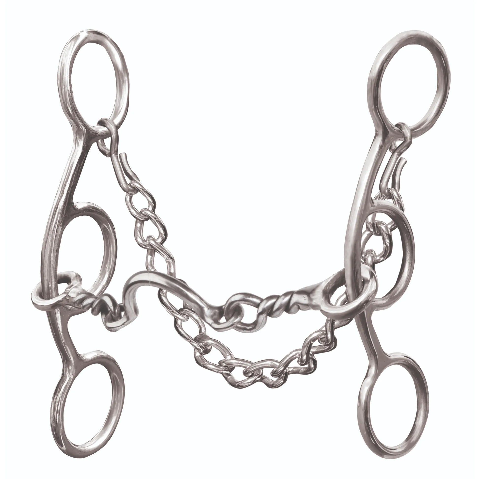 Professional's Choice Medium Port Futurity Bit in high-quality stainless steel, designed for advanced horse training and western riding. This bit features a three-piece twisted wire mouthpiece with a medium port for tongue relief and precise control. Complete with curved shanks and an adjustable curb chain, it’s an essential piece of equestrian hardware for improving communication and responsiveness in performance horses. High-polish finish for a professional look in the arena.