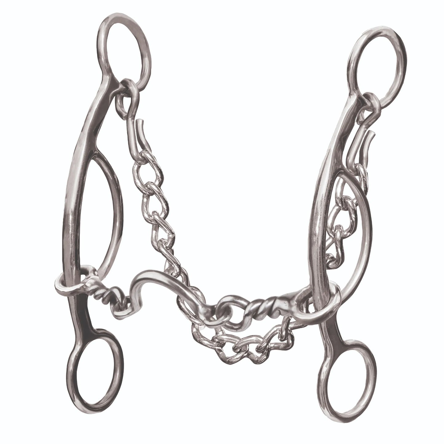 Professional's Choice Medium Port Futurity Bit in high-quality silver stainless steel. Designed for enhanced horse training, this western curb bit features elegant curved shanks, a twisted wire mouthpiece with a medium port, and a matching curb chain. Ideal equestrian tack for improving communication and control during performance riding or training sessions.