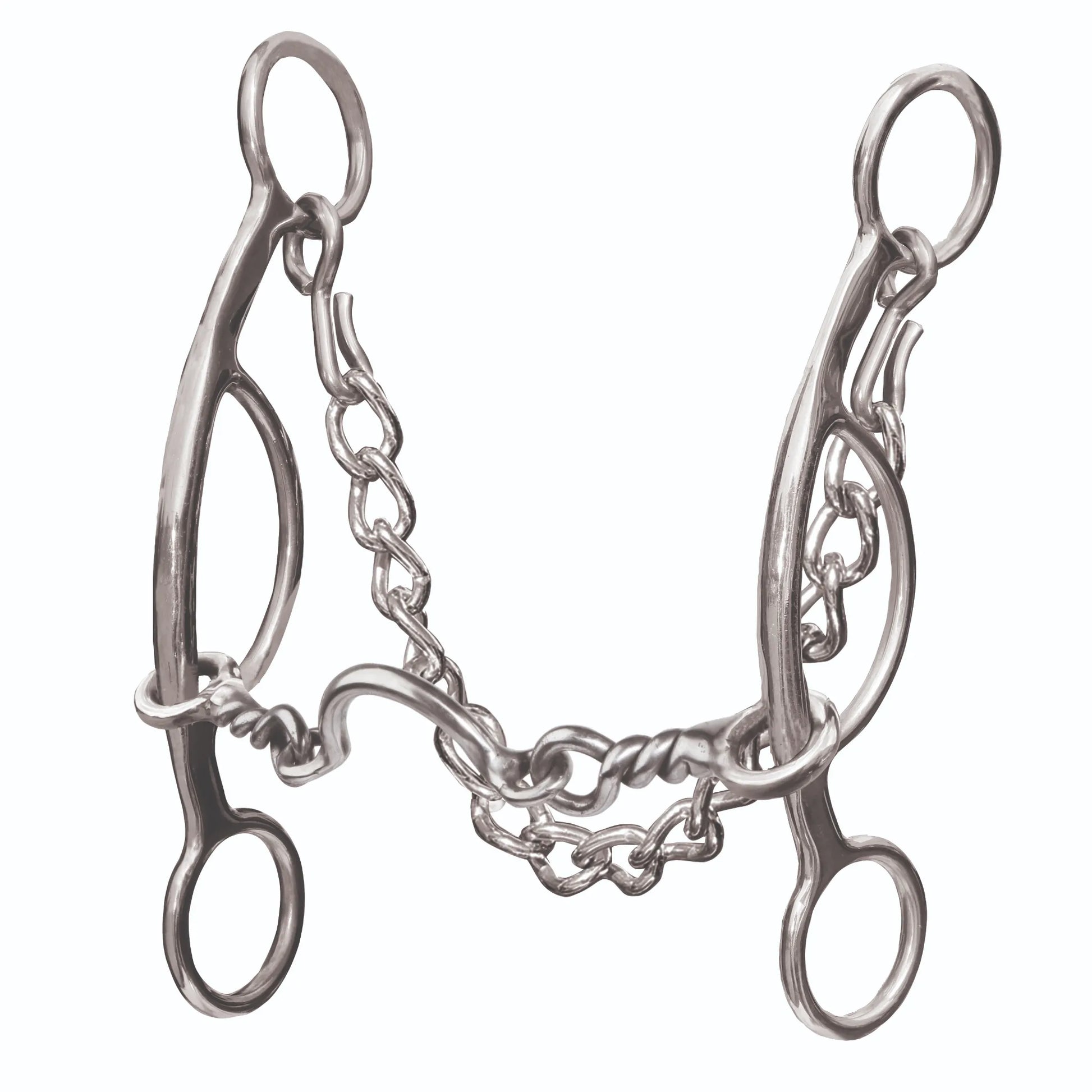 Professional's Choice Medium Port Futurity Bit in high-quality silver stainless steel. Designed for enhanced horse training, this western curb bit features elegant curved shanks, a twisted wire mouthpiece with a medium port, and a matching curb chain. Ideal equestrian tack for improving communication and control during performance riding or training sessions.