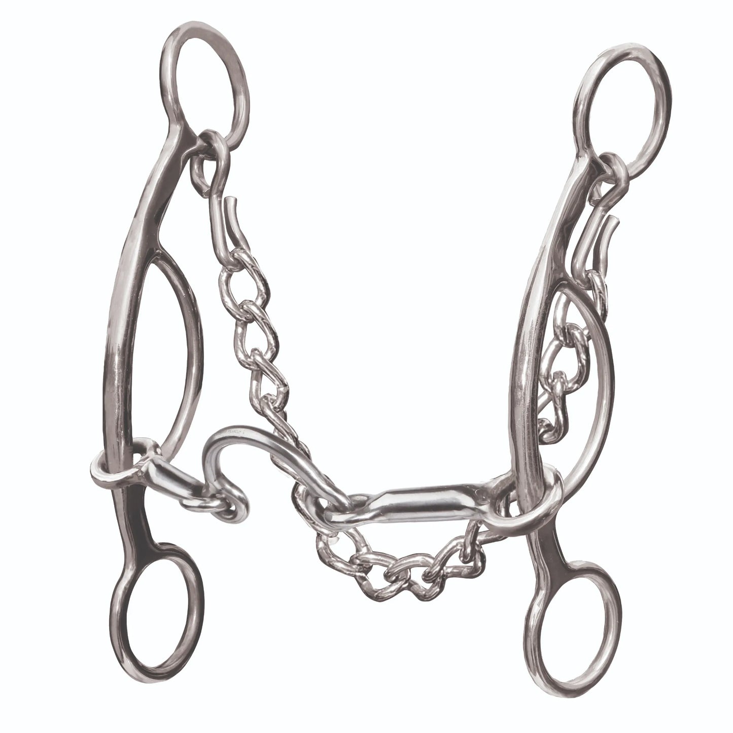 High-quality Professional's Choice Medium Port Futurity Bit crafted in polished stainless steel. This Western horse training bit features a medium port mouthpiece with a chain link and sleek, curved shanks for precise communication. Includes a curb chain for optimal leverage and control. Perfect for professional equestrian training and performance horses.