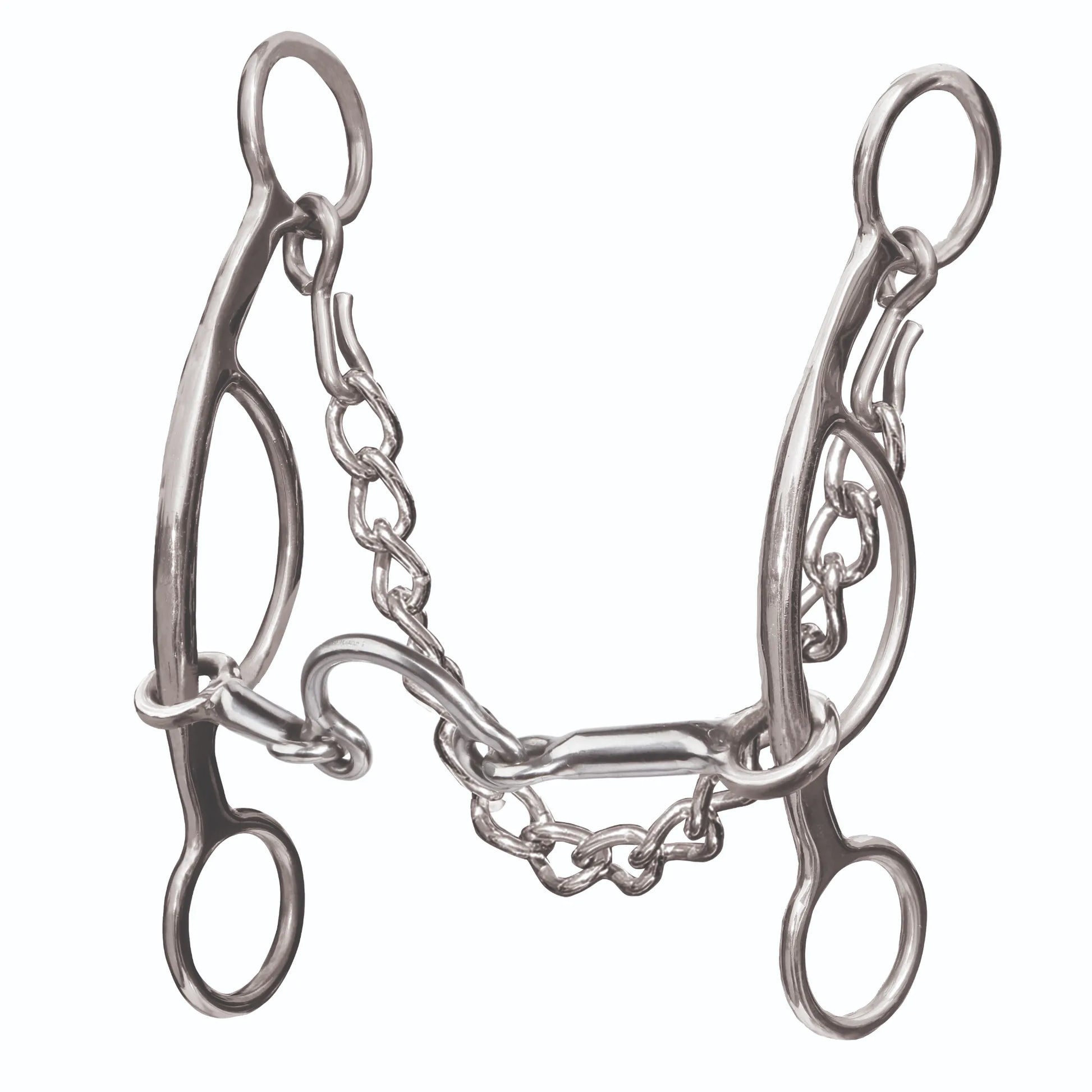 High-quality Professional's Choice Medium Port Futurity Bit crafted in polished stainless steel. This Western horse training bit features a medium port mouthpiece with a chain link and sleek, curved shanks for precise communication. Includes a curb chain for optimal leverage and control. Perfect for professional equestrian training and performance horses.