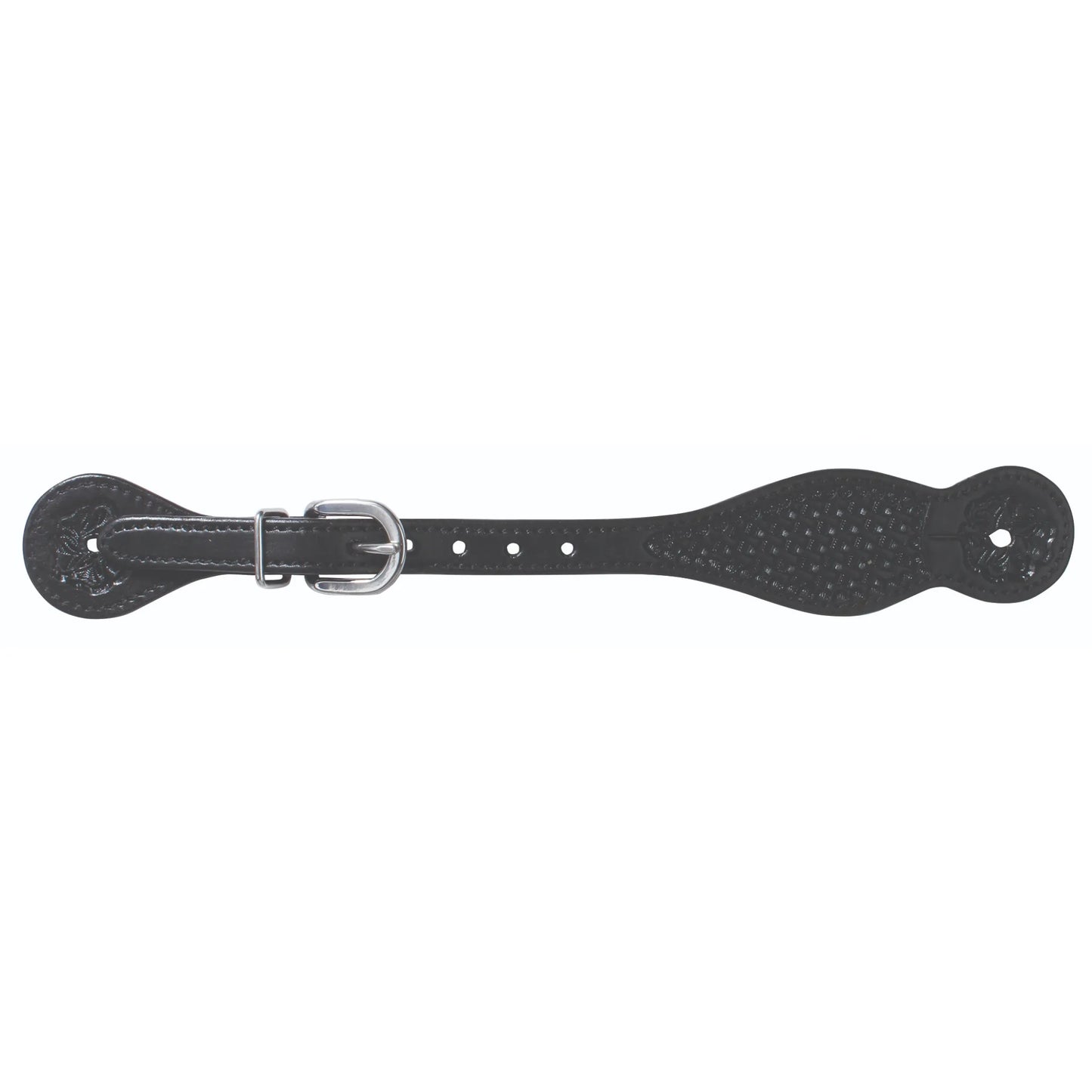 Professional's Choice Mesa Basket Tooled Spur Straps in black leather. These western spur straps feature intricate basketweave tooling, a polished silver-toned buckle, and flared teardrop ends. A durable and stylish equestrian accessory designed for both performance and western style, perfect for trail riding or horse shows.