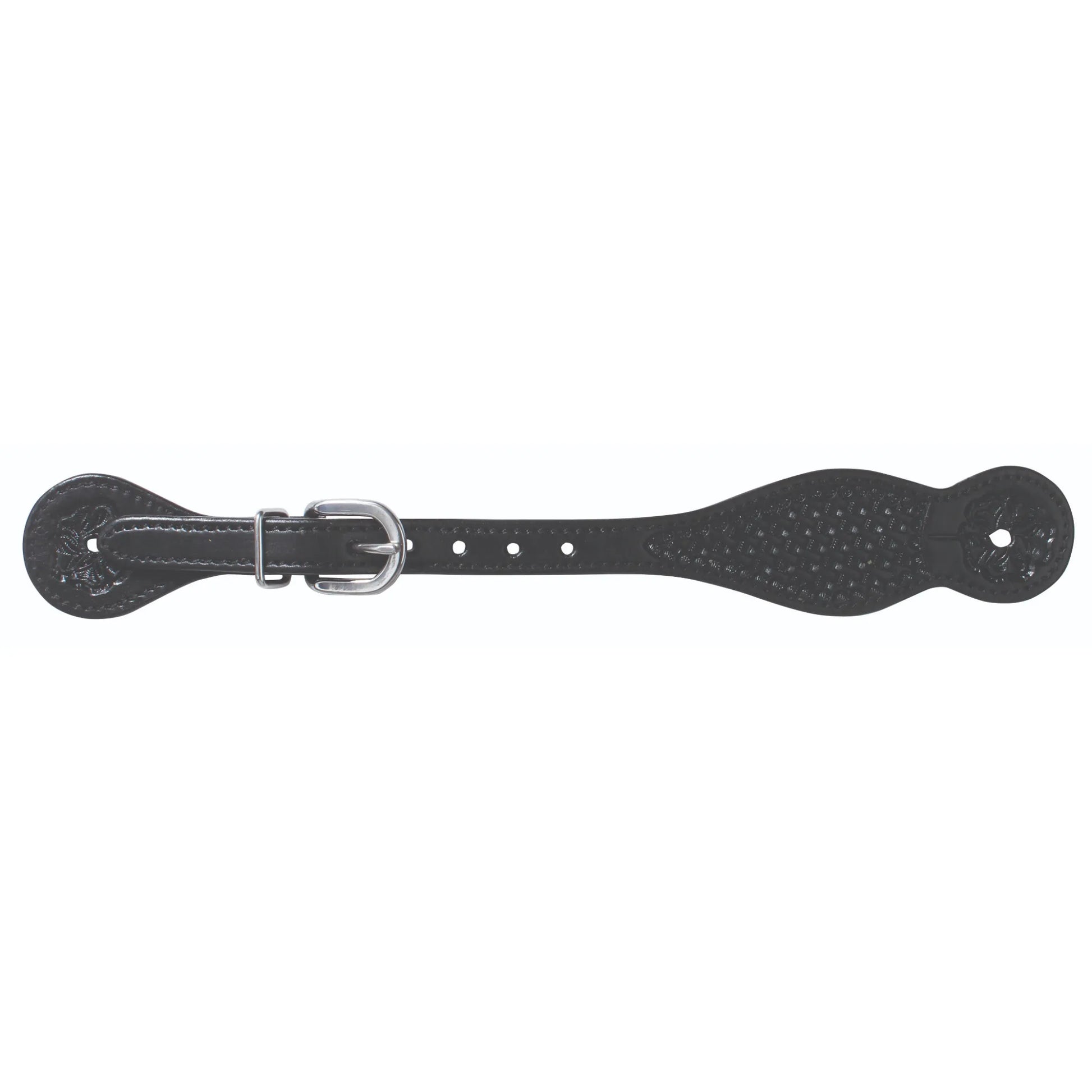 Professional's Choice Mesa Basket Tooled Spur Straps in black leather. These western spur straps feature intricate basketweave tooling, a polished silver-toned buckle, and flared teardrop ends. A durable and stylish equestrian accessory designed for both performance and western style, perfect for trail riding or horse shows.