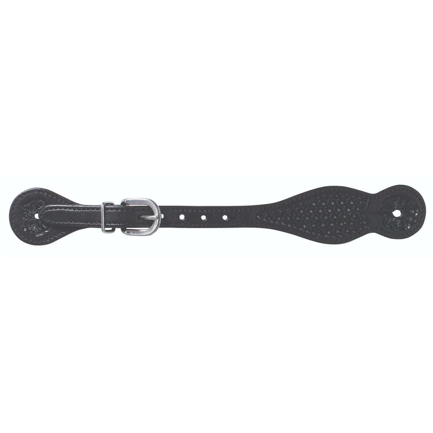 Professional's Choice Mesa Basket Tooled Spur Straps in black leather. These high-quality western spur straps feature intricate basket weave tooling, a polished silver-tone buckle, and adjustable holes for a custom fit. Perfect for western riders looking for durable and stylish equestrian gear, these black leather straps add a classic touch to any riding ensemble.