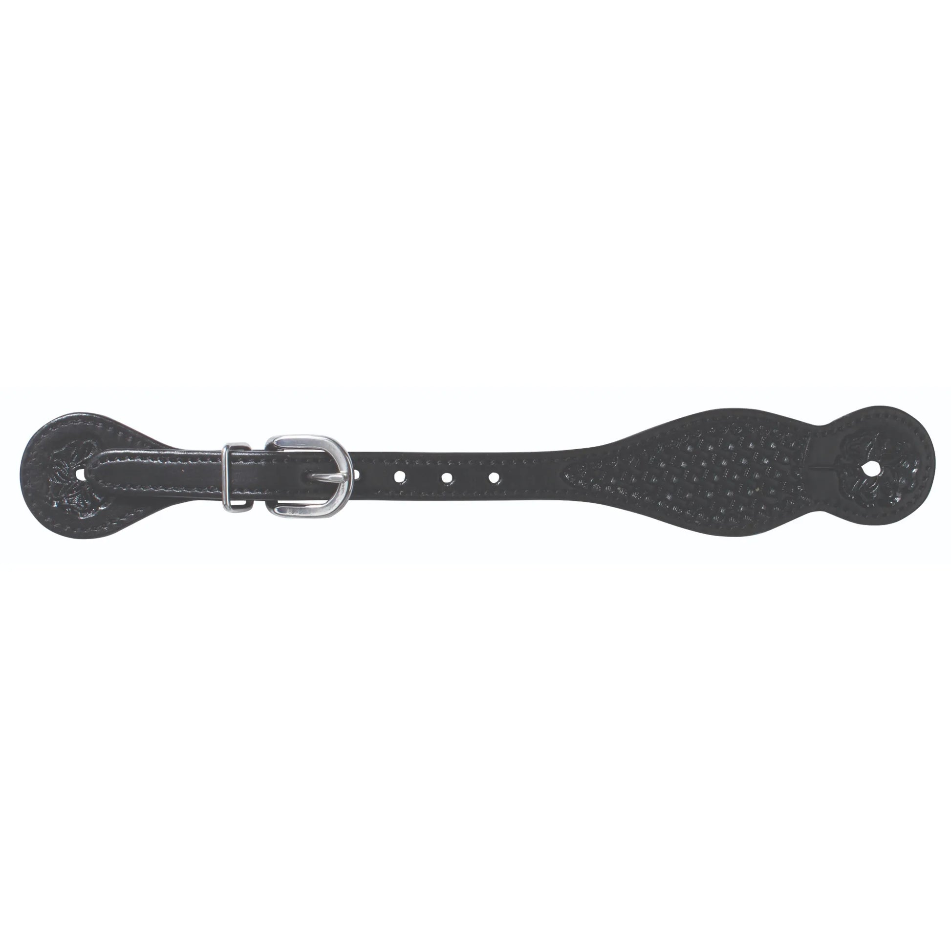 Professional's Choice Mesa Basket Tooled Spur Straps in black leather. These high-quality western spur straps feature intricate basket weave tooling, a polished silver-tone buckle, and adjustable holes for a custom fit. Perfect for western riders looking for durable and stylish equestrian gear, these black leather straps add a classic touch to any riding ensemble.