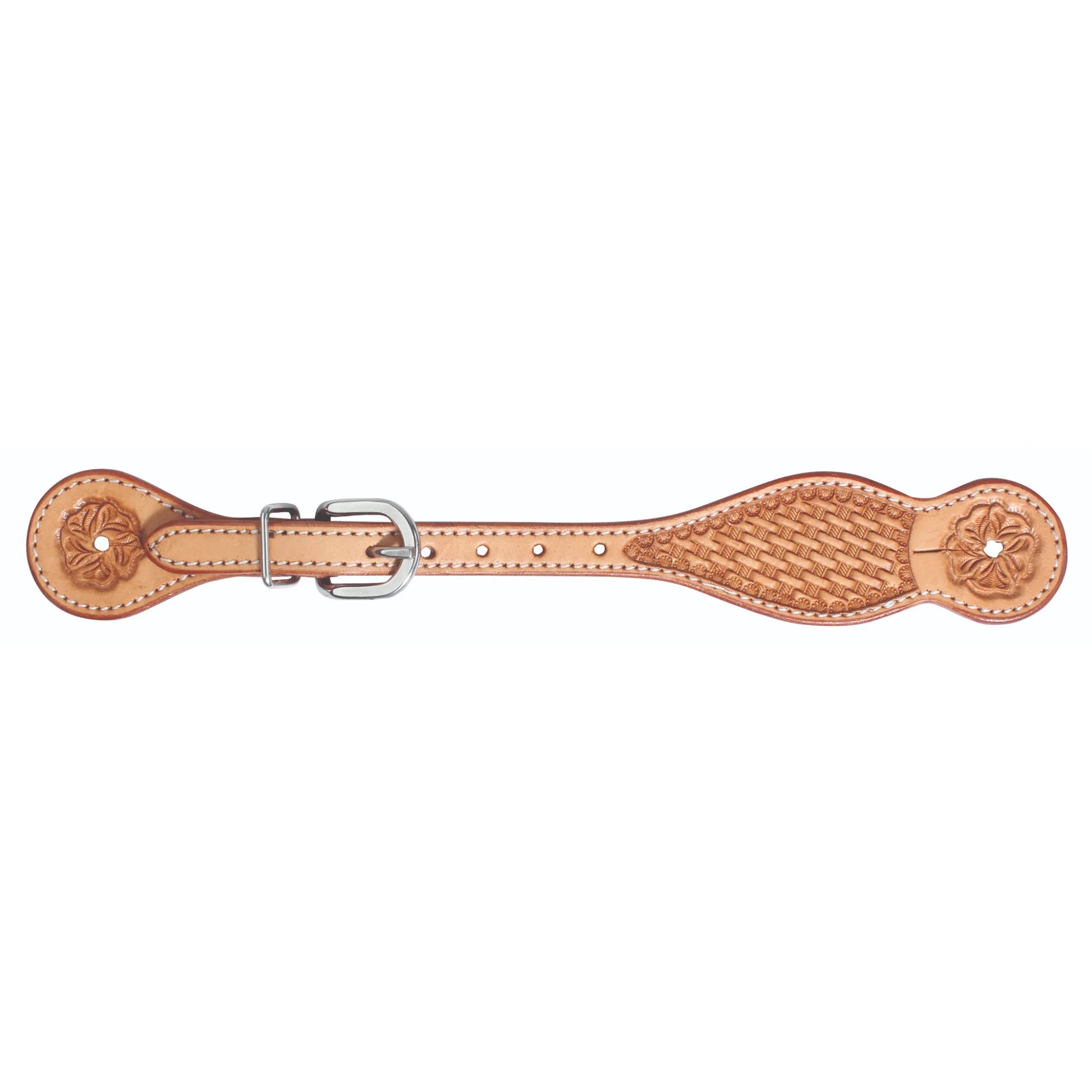 Professional's Choice Mesa Basket Tooled Spur Straps in natural leather, featuring a hand-tooled basket weave pattern and elegant floral carved ends. This western tack accessory includes clean white contrast stitching, pre-punched holes for easy adjustment, and a sturdy stainless steel buckle. Ideal for equestrians looking for high-quality, durable leather spur straps for western riding, ranching, or competition.