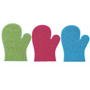 Three Professional's Choice Miracle Mitt horse grooming wash mitts in vibrant lime green, fuchsia pink, and bright blue. These textured scrubbing mitts feature a flexible design perfect for deep cleaning and massaging your horse during bath time. A must-have equine grooming tool for achieving a spotless, healthy coat. Ideal for barn use and equestrian care kits.