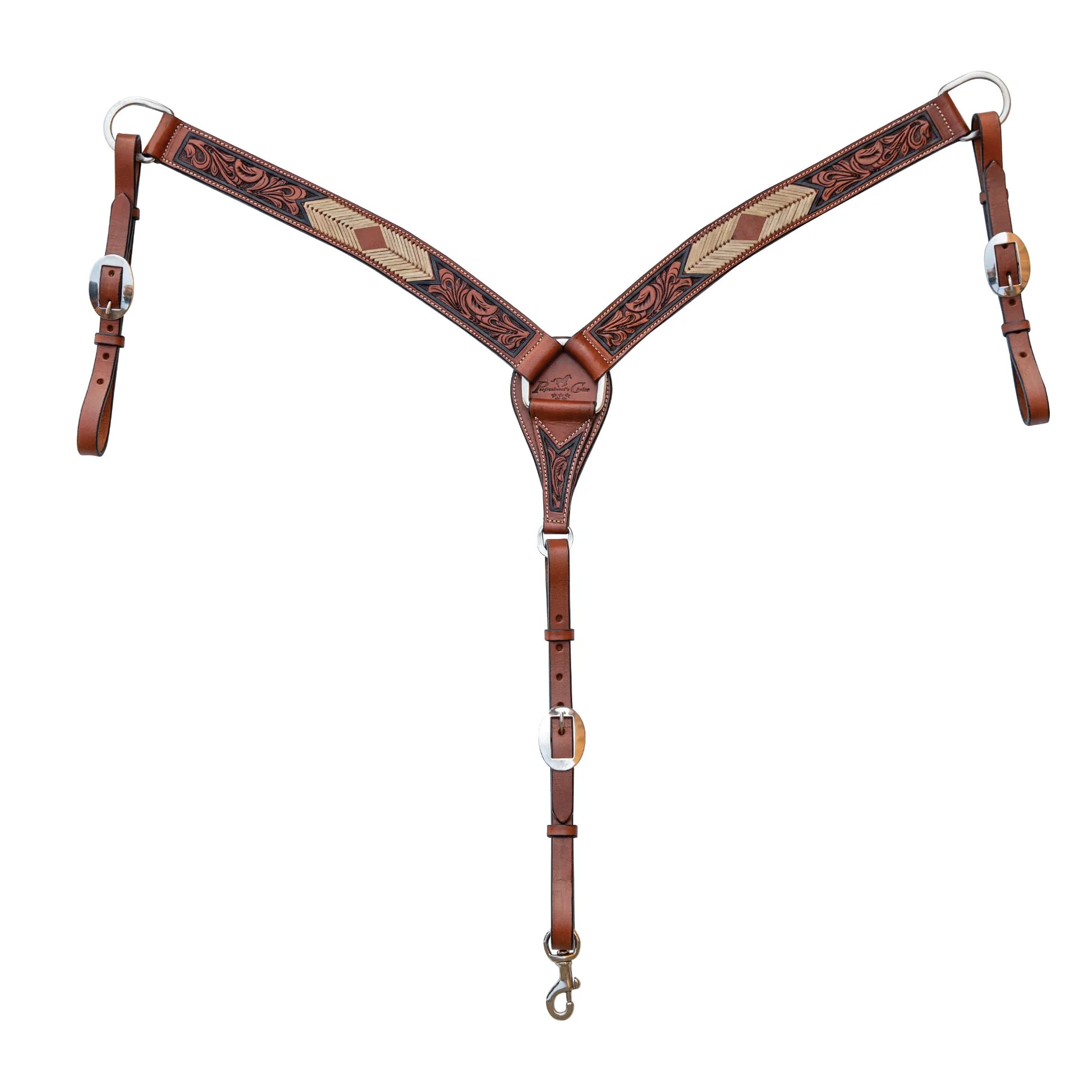 Professional's Choice Natural Rawhide Arrowhead Cowboy Contoured 1-3/4” Breast Collar featuring rich chestnut leather with detailed floral hand-tooling and natural rawhide arrowhead braiding. This western tack piece includes polished silver hardware, adjustable straps, and a center O-ring for a secure fit. A perfect blend of traditional cowboy style and premium performance for your horse.