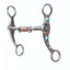Professional's Choice PC DOT Shank Dog Bone western horse bit in polished stainless steel. This stylish curb bit features a three-piece dog bone mouthpiece with copper rollers to encourage salivation. The elegantly curved shanks are decorated with vibrant turquoise dots and copper accents, perfect for western performance, shows, or trail riding. High-quality equine tack designed for horse comfort and clear communication.