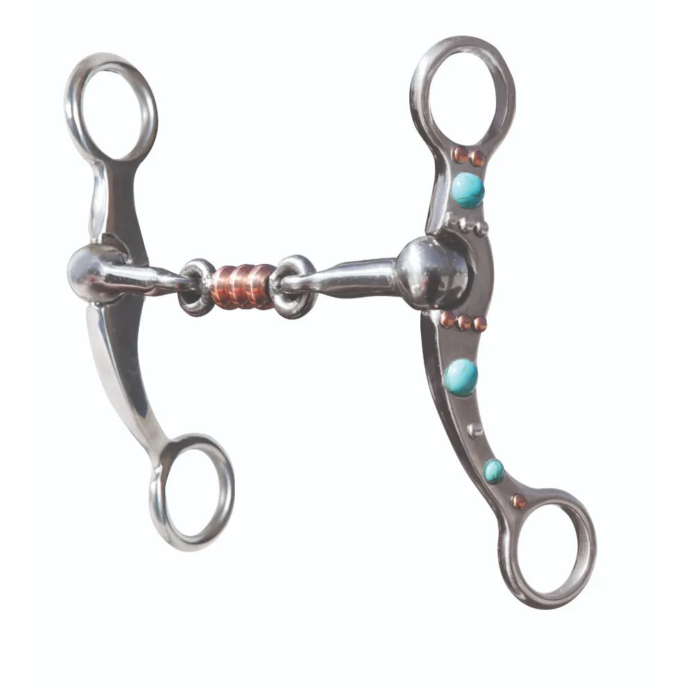 Professional's Choice PC DOT Shank Dog Bone western horse bit in polished stainless steel. This stylish curb bit features a three-piece dog bone mouthpiece with copper rollers to encourage salivation. The elegantly curved shanks are decorated with vibrant turquoise dots and copper accents, perfect for western performance, shows, or trail riding. High-quality equine tack designed for horse comfort and clear communication.
