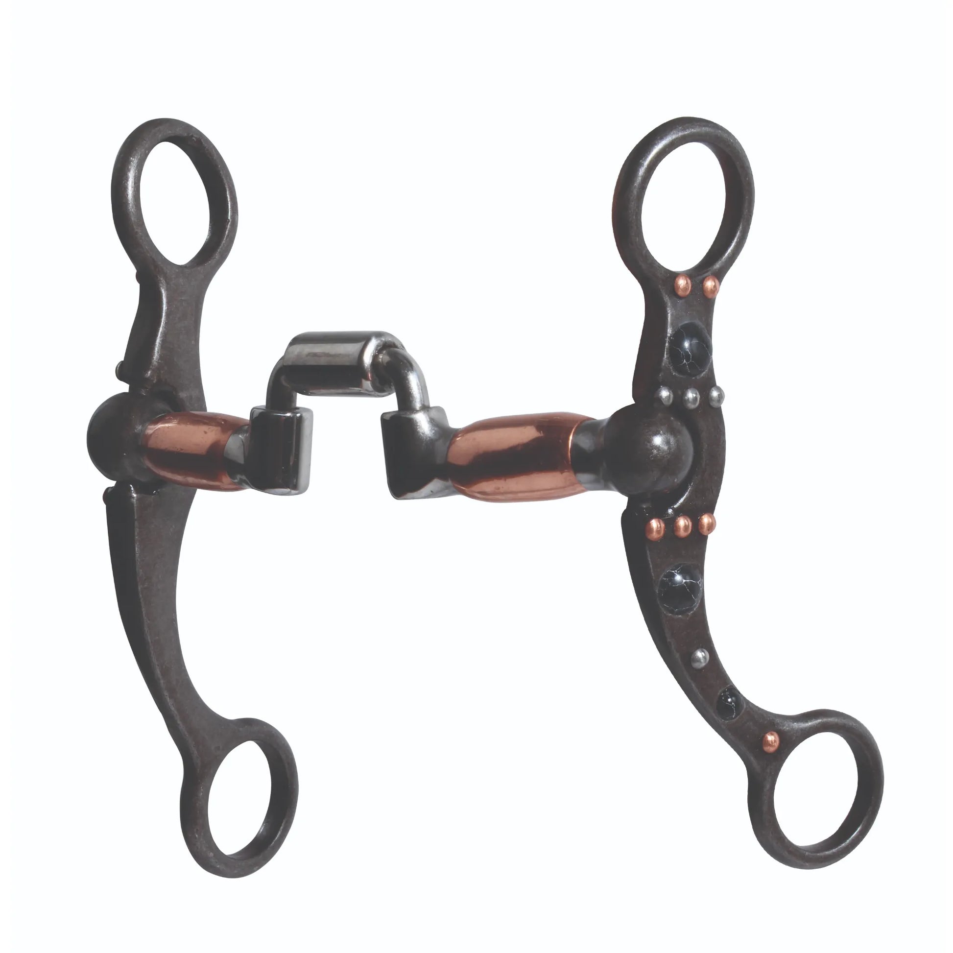 Professional's Choice PC DOT Shank HINGED Port horse bit featuring dark steel S-shanks accented with copper and silver decorative dots. The mouthpiece includes copper-inlay sleeves to promote salivation and a hinged port for refined lateral control. This high-quality western shank bit is designed for precise communication and style, making it a must-have piece of equestrian tack for performance or pleasure riding.