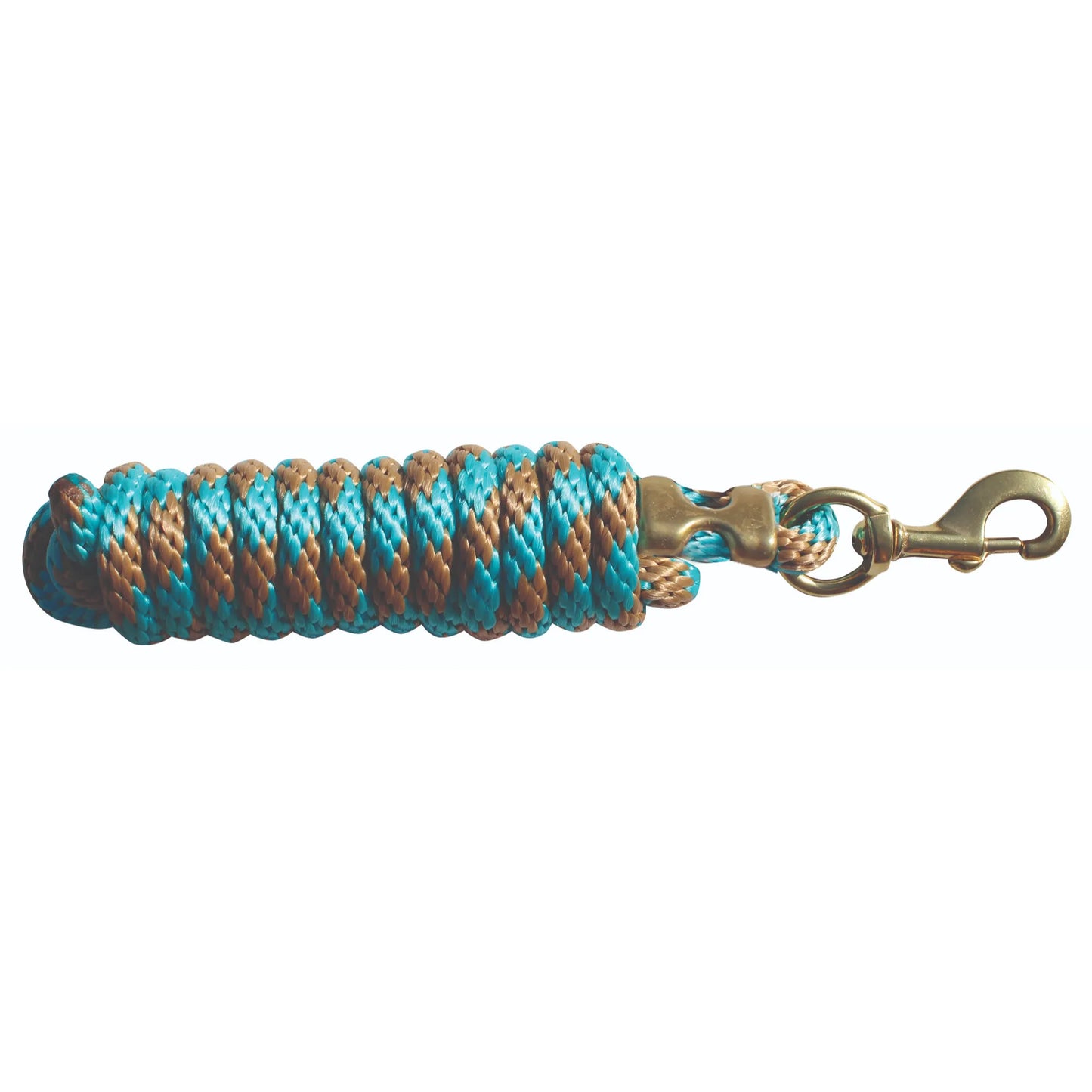 Professional's Choice 10 ft Poly Cotton Horse Lead Rope featuring a stylish tan and turquoise braided design. This durable equestrian lead includes a heavy-duty brass bolt snap for secure attachment to a halter. Designed with a soft, comfortable grip, it’s a must-have for daily horse handling, training, and trailering. High-quality braided rope perfect for any horse owner’s tack collection.