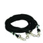 Professional's Choice Poly Rope Draw Reins in black, featuring durable braided poly rope and four high-quality silver swivel snap hooks. These essential horse training reins are coiled for display, highlighting their sturdy construction and secure hardware. Ideal equestrian gear for improving horse carriage and control during training or schooling sessions.