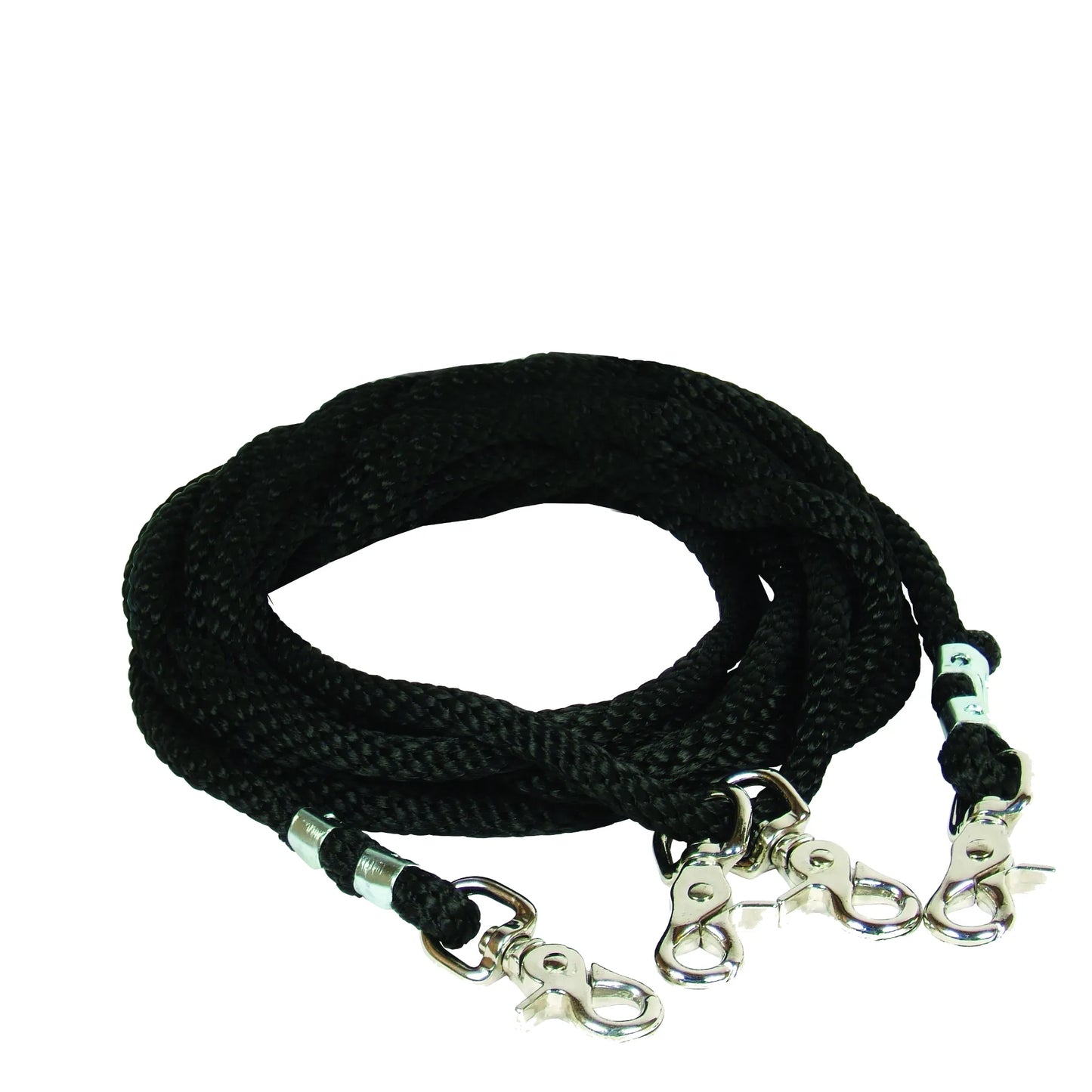 Professional's Choice Poly Rope Draw Reins in black, featuring durable braided poly rope and four high-quality silver swivel snap hooks. These essential horse training reins are coiled for display, highlighting their sturdy construction and secure hardware. Ideal equestrian gear for improving horse carriage and control during training or schooling sessions.