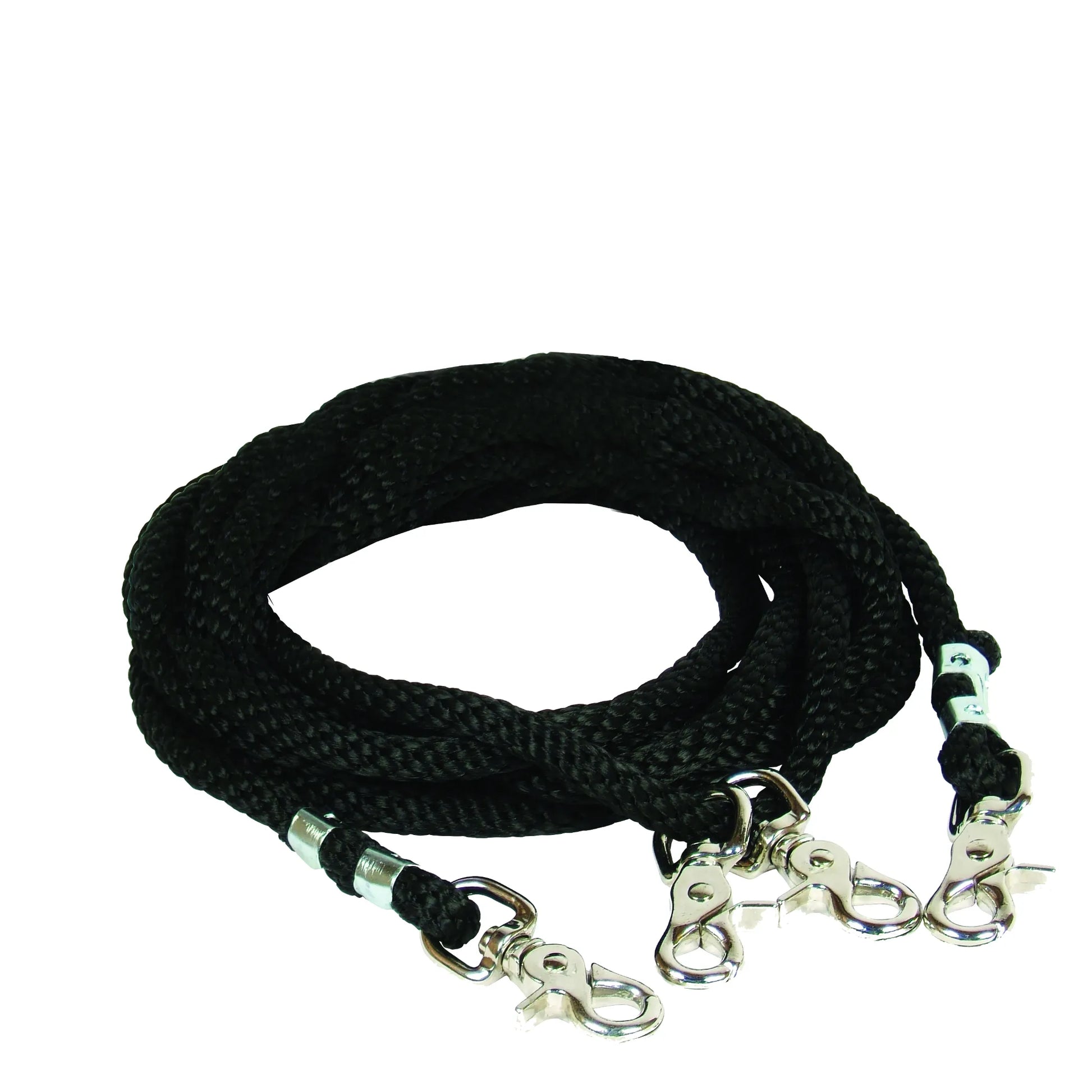 Professional's Choice Poly Rope Draw Reins in black, featuring durable braided poly rope and four high-quality silver swivel snap hooks. These essential horse training reins are coiled for display, highlighting their sturdy construction and secure hardware. Ideal equestrian gear for improving horse carriage and control during training or schooling sessions.