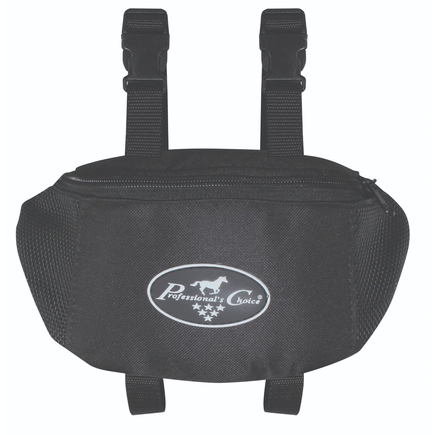 Professional's Choice Pommel Saddle Bag in black, featuring adjustable buckle straps for secure attachment to a horse's saddle. This durable nylon equestrian gear includes a zippered main compartment for trail riding essentials and breathable mesh side panels. Centered on the front is the signature oval brand logo with a horse and stars. An essential compact storage solution for horse riders to carry keys, phones, or snacks while on the trail.