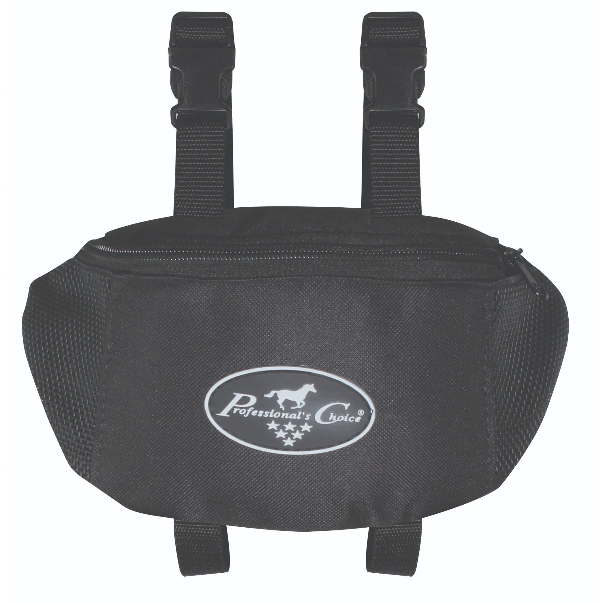 Professional's Choice Pommel Saddle Bag in black, featuring adjustable buckle straps for secure attachment to a horse's saddle. This durable nylon equestrian gear includes a zippered main compartment for trail riding essentials and breathable mesh side panels. Centered on the front is the signature oval brand logo with a horse and stars. An essential compact storage solution for horse riders to carry keys, phones, or snacks while on the trail.