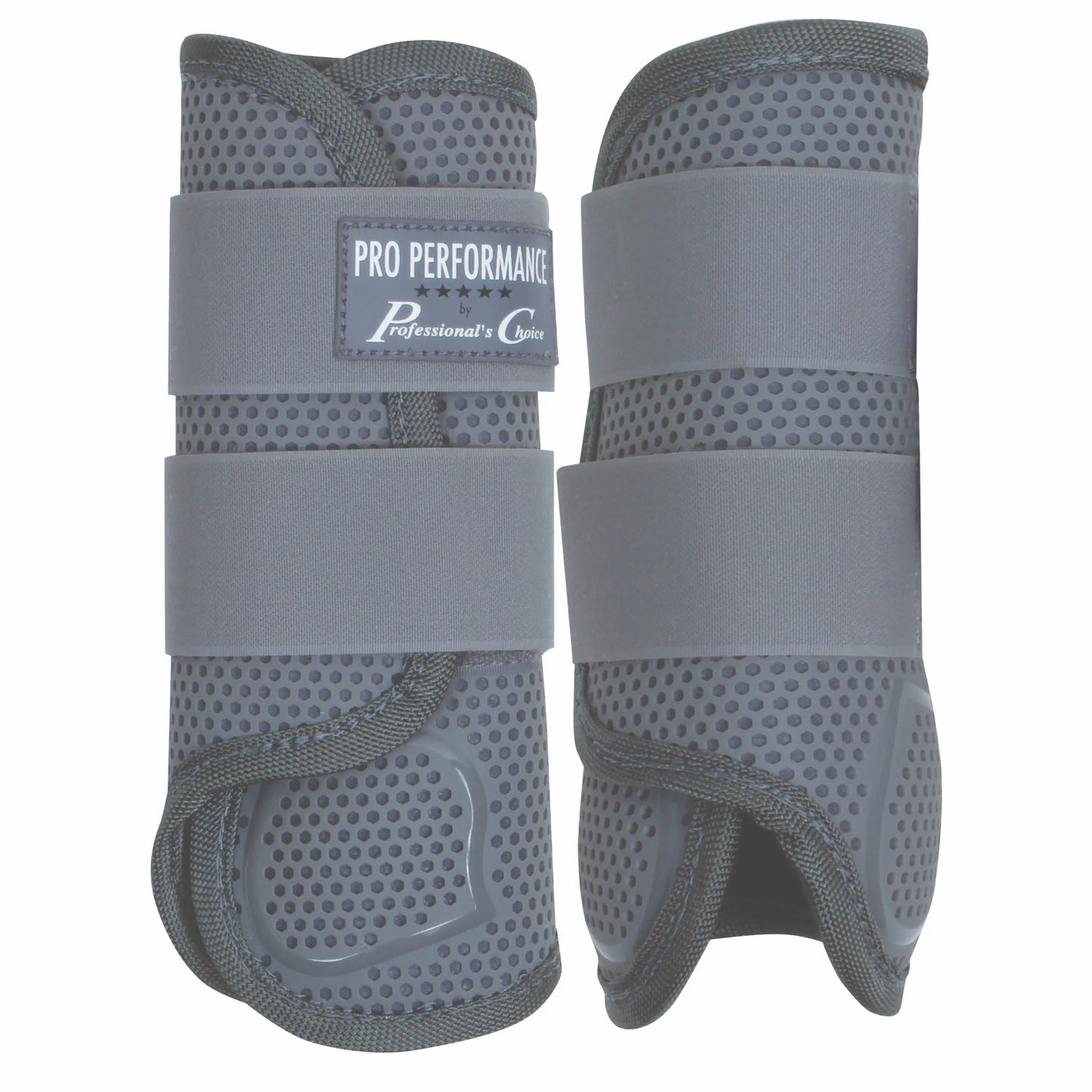 Professional's Choice Pro Performance Elite XC Boots in charcoal grey. This medium-sized front pair features a breathable TPU honeycomb mesh exterior for superior ventilation. Designed for high-performance cross country riding, each boot has two secure wide straps and a contoured strike plate for ultimate impact protection. Lightweight and durable equestrian protective gear ideal for schooling and competition.