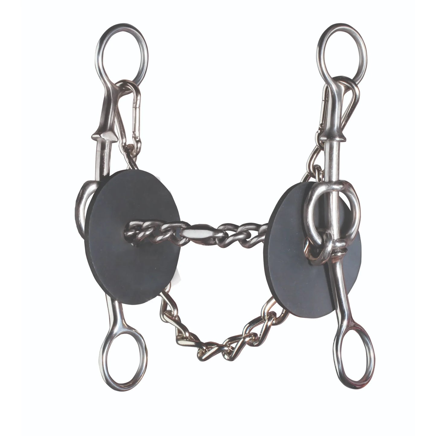 Professional's Choice Professional Elevation Gag 3 Piece Twisted Wire Bit for equestrian training. Features a durable stainless steel finish, three-piece twisted wire mouthpiece for refined control, and black rubber bit guards. Designed with long gag shanks to provide leverage and lift, plus an included adjustable curb chain. High-quality horse tack essential for improving responsiveness and head carriage in Western or English riding disciplines.