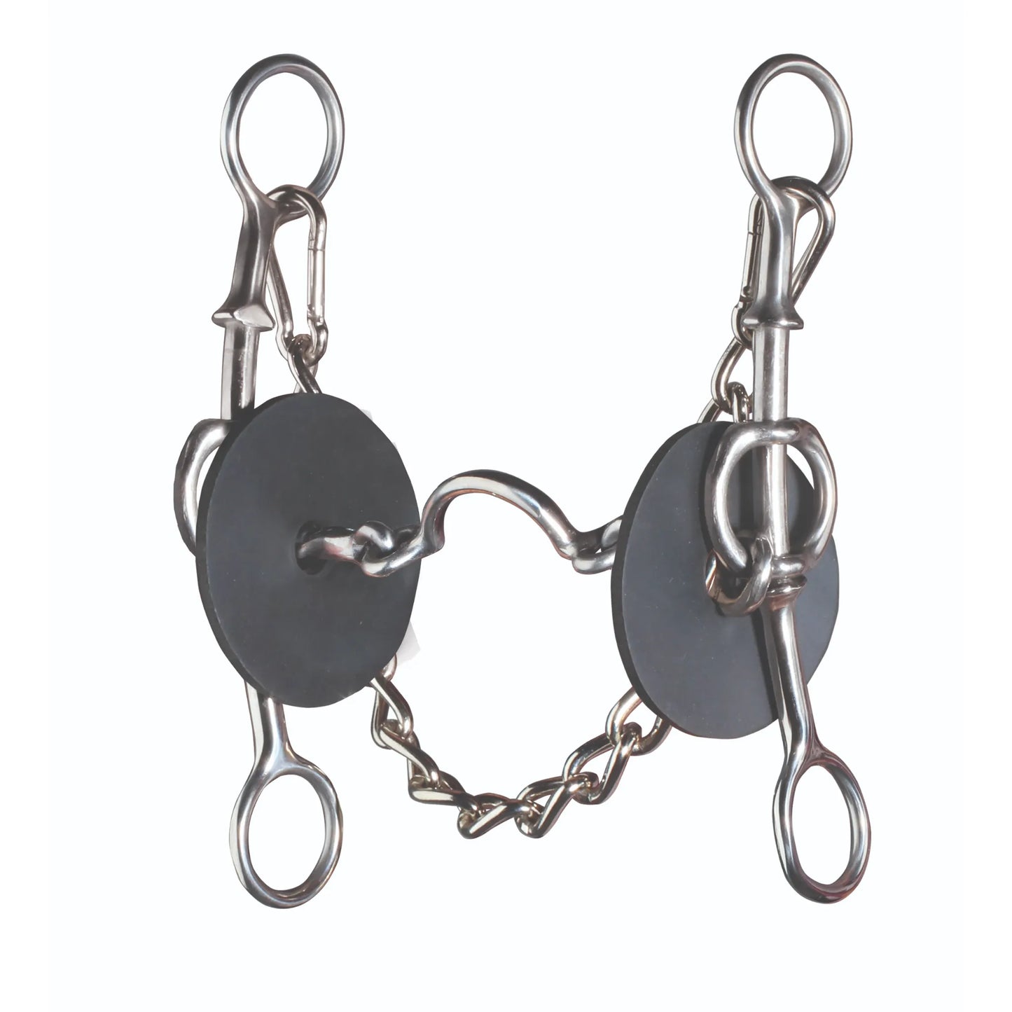 Professional's Choice Professional Elevation Gag Medium Port Bit in polished stainless steel. This high-leverage horse bit features large black rubber bit guards, a jointed medium port mouthpiece for tongue relief, and a durable curb chain. Designed for lift and precision control, it is a versatile piece of equestrian tack ideal for training and performance riding.