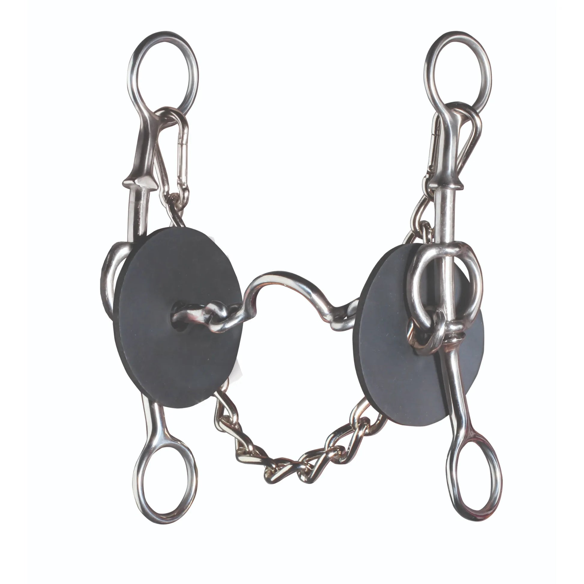 Professional's Choice Professional Elevation Gag Medium Port Bit in polished stainless steel. This high-leverage horse bit features large black rubber bit guards, a jointed medium port mouthpiece for tongue relief, and a durable curb chain. Designed for lift and precision control, it is a versatile piece of equestrian tack ideal for training and performance riding.