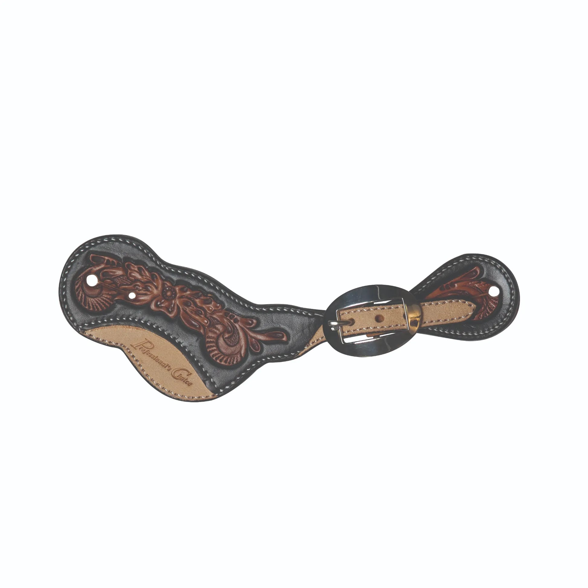 Professional’s Choice Black Floral Roughout Spur Straps for men and women. These western leather straps feature exquisite floral hand-tooling on black leather with a contrasting tan roughout section and white perimeter stitching. Completed with a polished silver-tone buckle, they offer a stylish, durable accessory for horse riding boots. Ideal for western performance, rodeo, and everyday equestrian use.