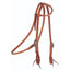 Professional's Choice Cowboy Laced Single Ear Headstall with Throatlatch in rich chestnut leather. This Western horse bridle features white contrast stitching, adjustable silver buckles, and traditional tied bit ends for a classic ranch look. Crafted for durability and style, it is ideal for daily training, trail riding, or ranch work. Item 5038HL.
