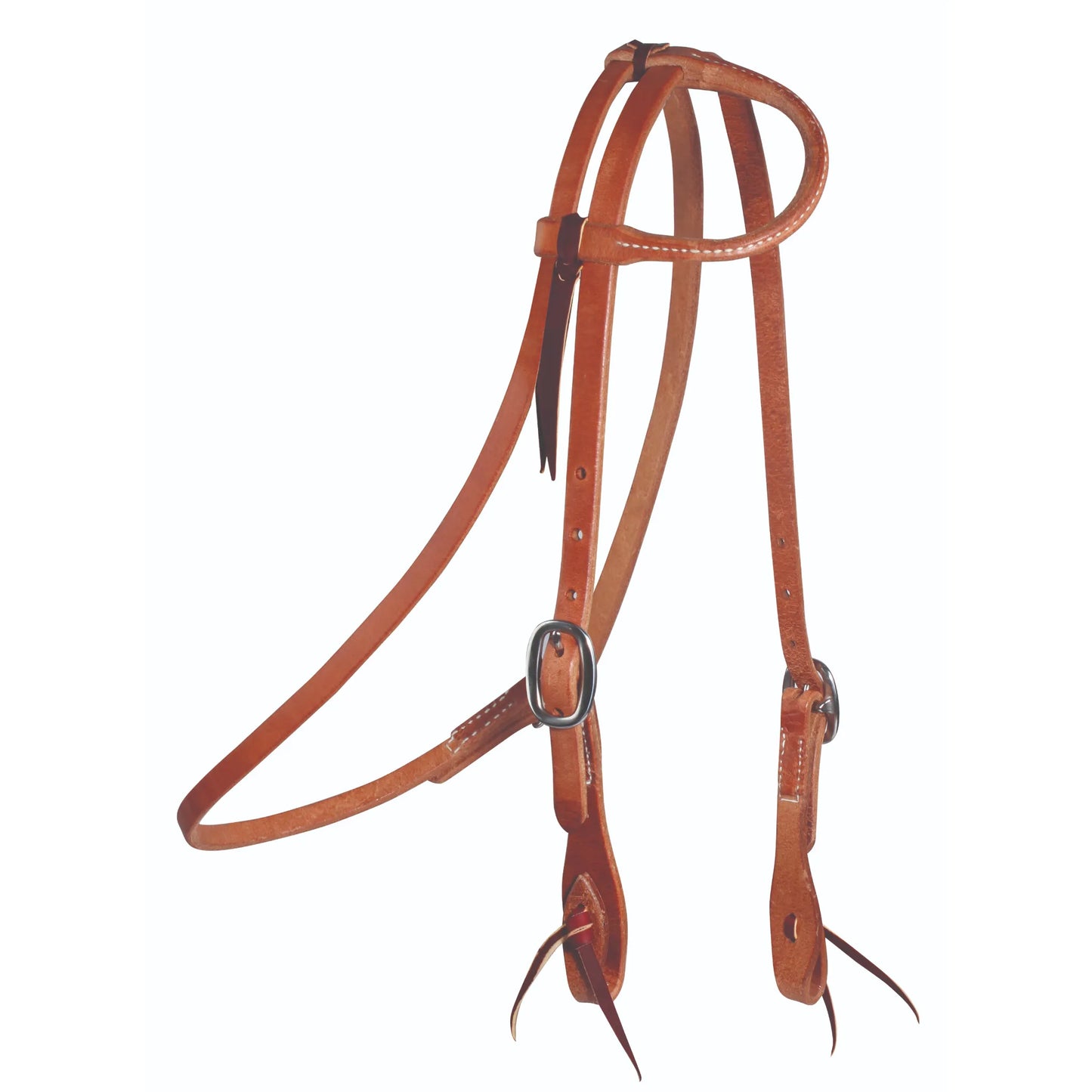 Professional's Choice Cowboy Laced Single Ear Headstall with Throatlatch in rich chestnut leather. This Western horse bridle features white contrast stitching, adjustable silver buckles, and traditional tied bit ends for a classic ranch look. Crafted for durability and style, it is ideal for daily training, trail riding, or ranch work. Item 5038HL.