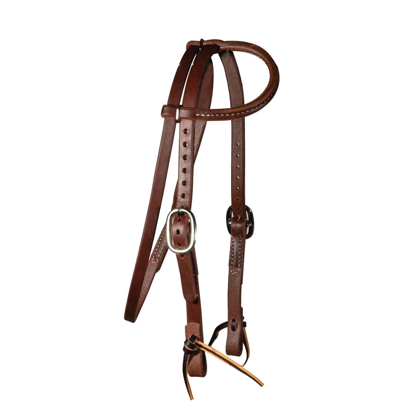Professional's Choice Ranch Heavy Oiled 5/8” Pony One-Ear Headstall with integrated throatlatch. Crafted from rich dark brown harness leather with white contrast stitching, this durable western bridle features adjustable stainless steel buckles and leather tie bit ends. Perfect for ranch work, training, or everyday riding, this high-quality pony headstall offers a classic western look with a professional finish.