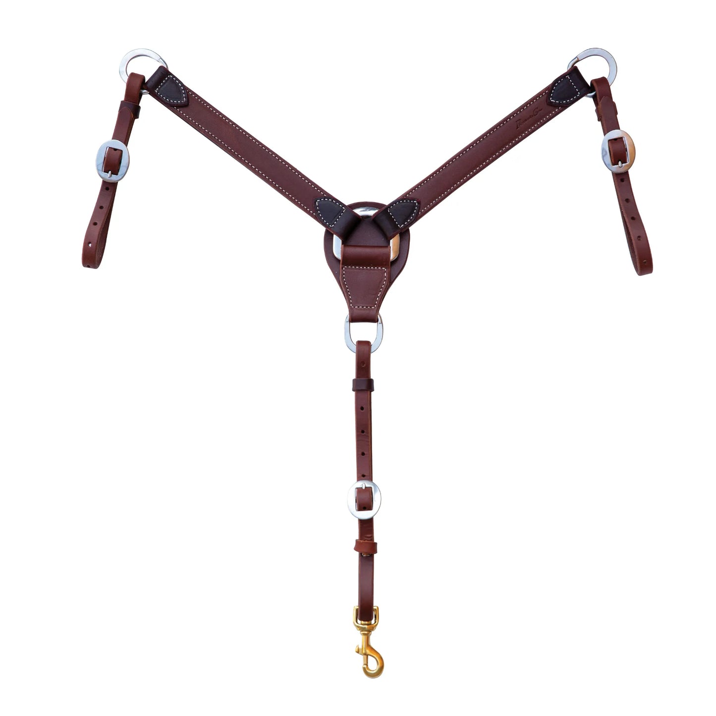 Professional's Choice Ranch Heavy Oiled Pony Breast Collar in rich dark brown leather with silver hardware and a brass snap. This durable Y-shaped western horse tack features premium oiled leather and adjustable straps for a secure fit. Perfect for ranch work and trail riding, this heavy-duty pony breast collar combines classic western style with long-lasting performance.