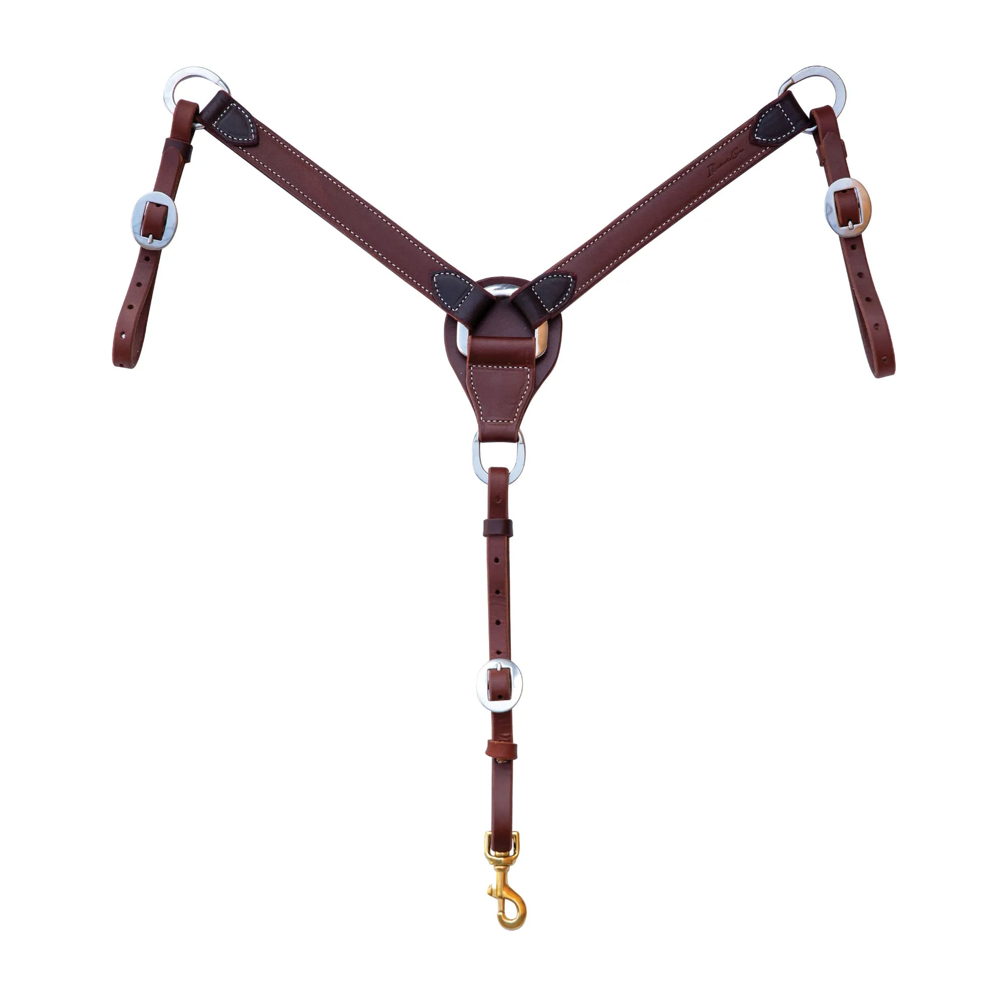 Professional's Choice Ranch Heavy Oiled Pony Breast Collar in rich dark brown leather with silver hardware and a brass snap. This durable Y-shaped western horse tack features premium oiled leather and adjustable straps for a secure fit. Perfect for ranch work and trail riding, this heavy-duty pony breast collar combines classic western style with long-lasting performance.
