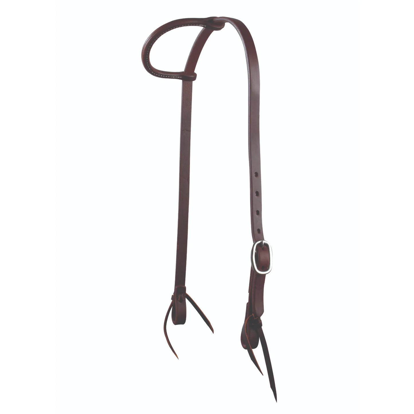 Professional's Choice Ranch 5/8 inch One-Ear Headstall crafted from heavy-oiled dark brown harness leather. This western horse headstall features a single ear loop, a single-adjust stainless steel buckle, and traditional leather tie-bit ends. Durable and functional ranch tack designed for daily training or trail riding, offering a classic performance look for any equestrian. Model RH5E15/8HO.